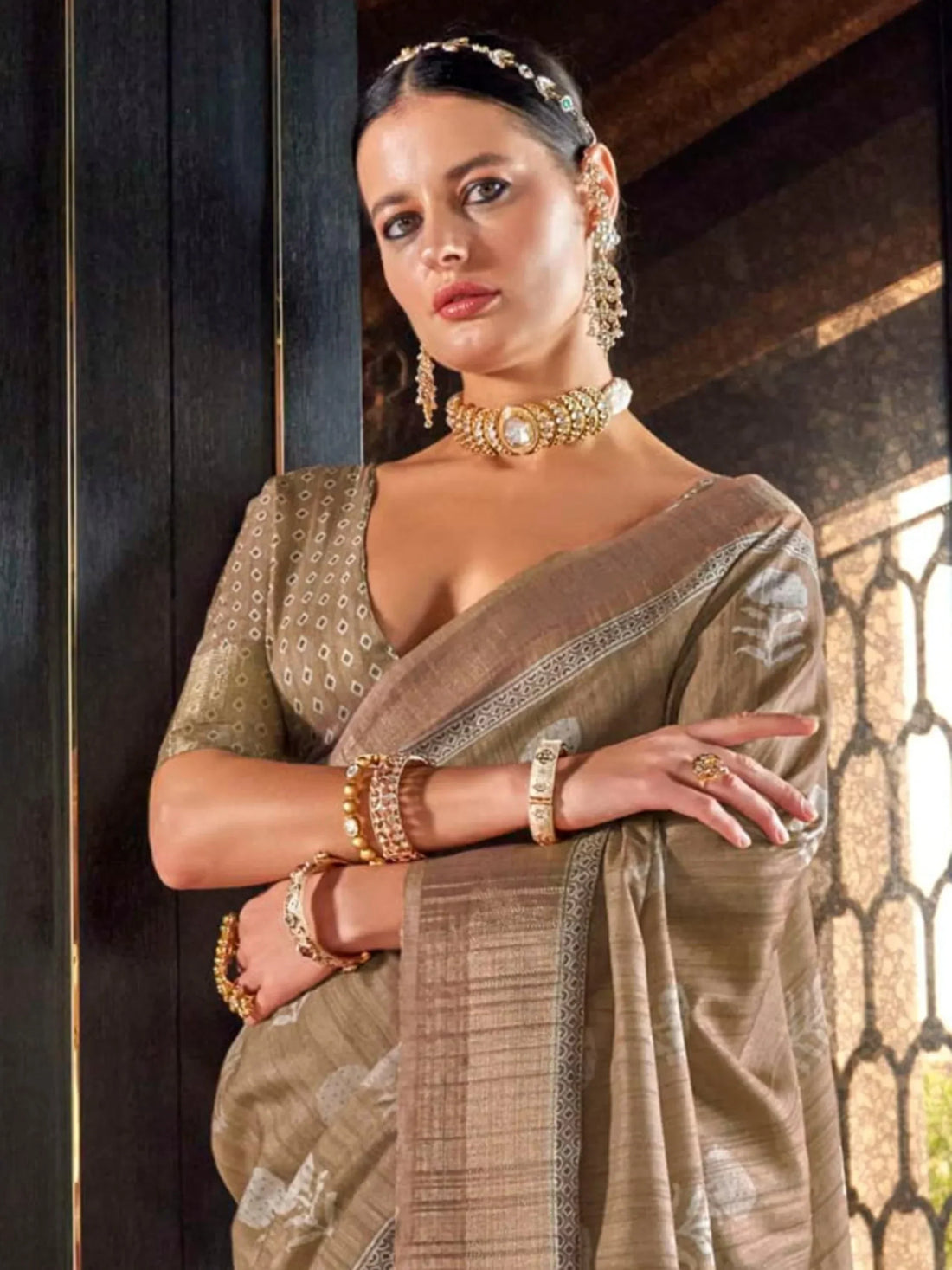 Captivating Brown Printed Silk Festival Wear Saree With Blouse - Zeel Clothing