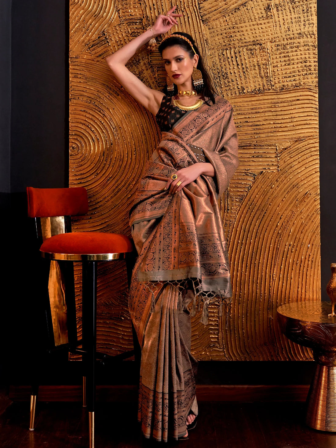 Captivating Brown Weaving Silk Function Wear Saree With Blouse - Zeel Clothing