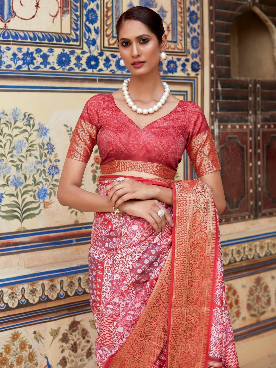 Captivating Coral-Red Digital Printed Silk Saree With Blouse