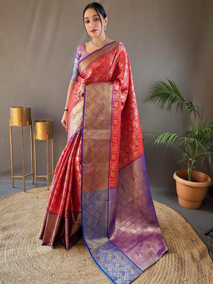 Captivating Coral-Red Zari Weaving Silk Wedding Wear Saree