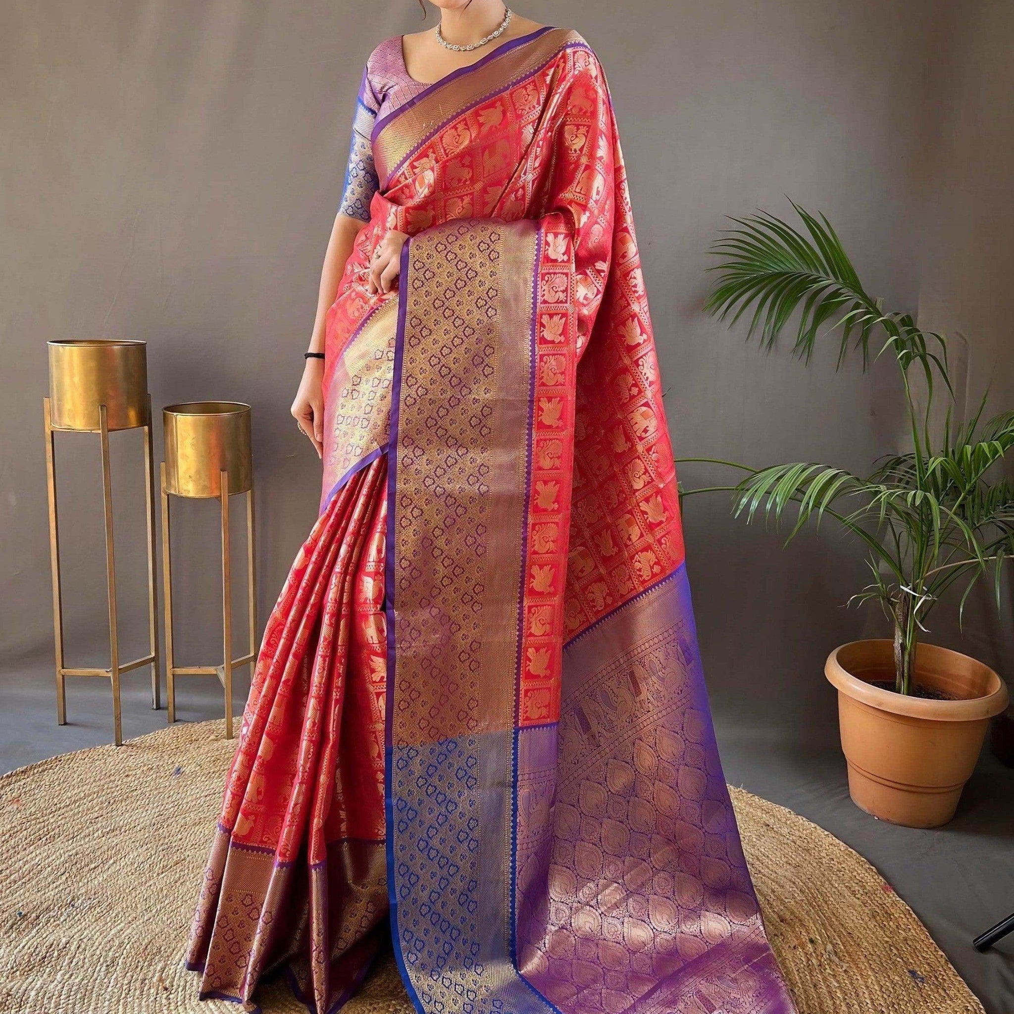 Captivating Coral-Red Zari Weaving Silk Wedding Wear Saree - Zeel Clothing