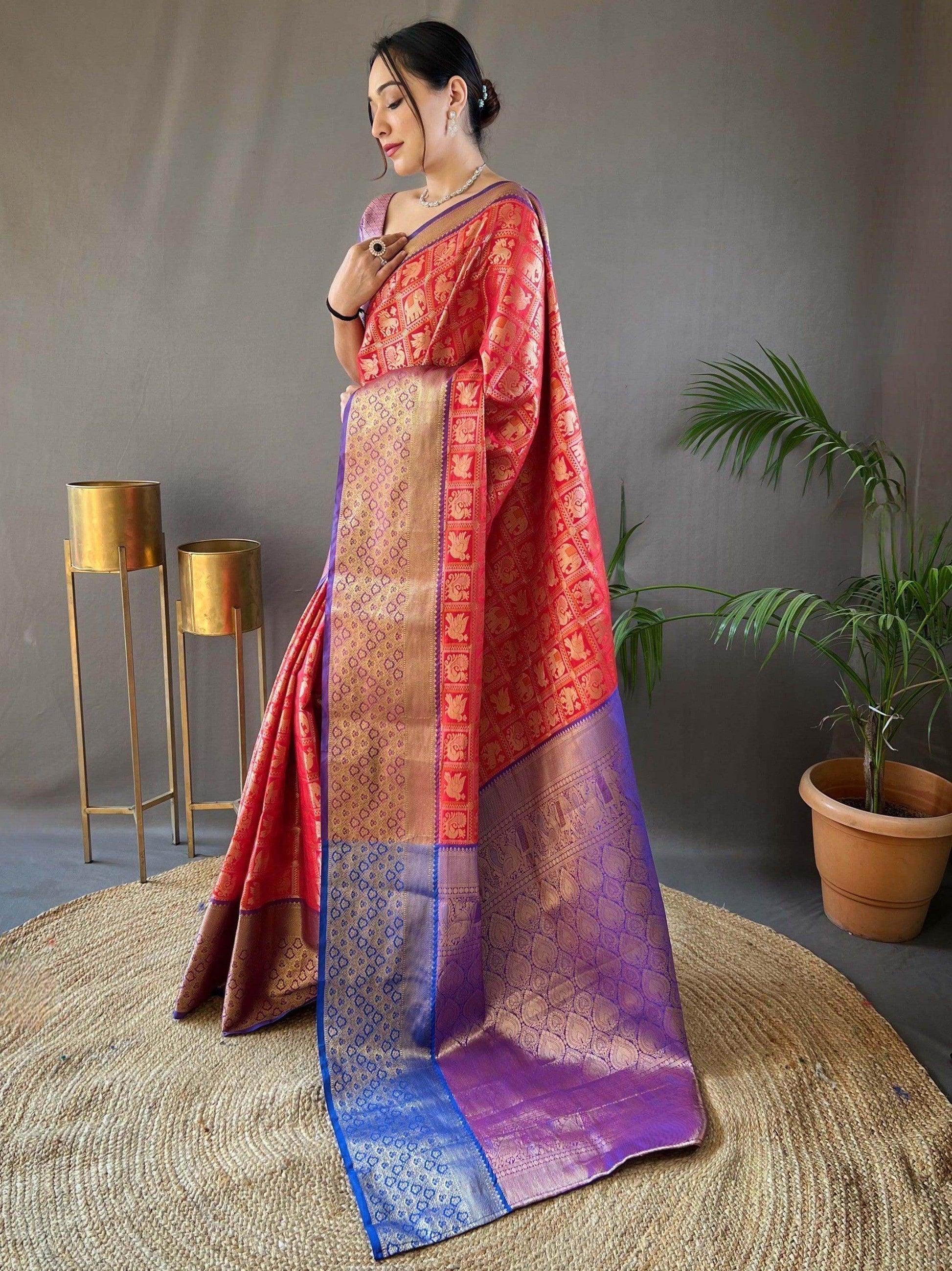 Captivating Coral-Red Zari Weaving Silk Wedding Wear Saree - Zeel Clothing