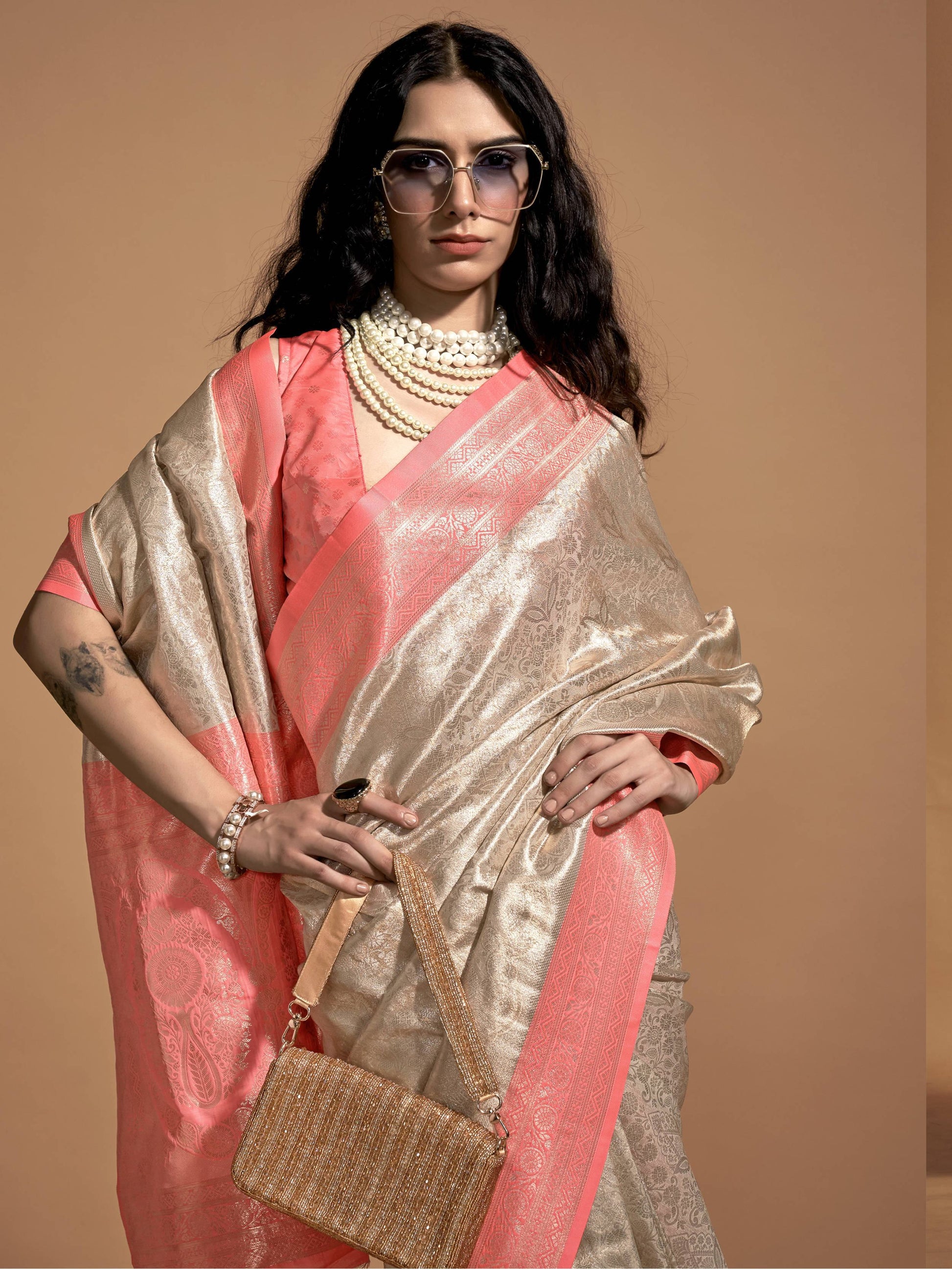 Captivating Cream & Peach Zari Weaving Silk Saree With Blouse - Zeel Clothing