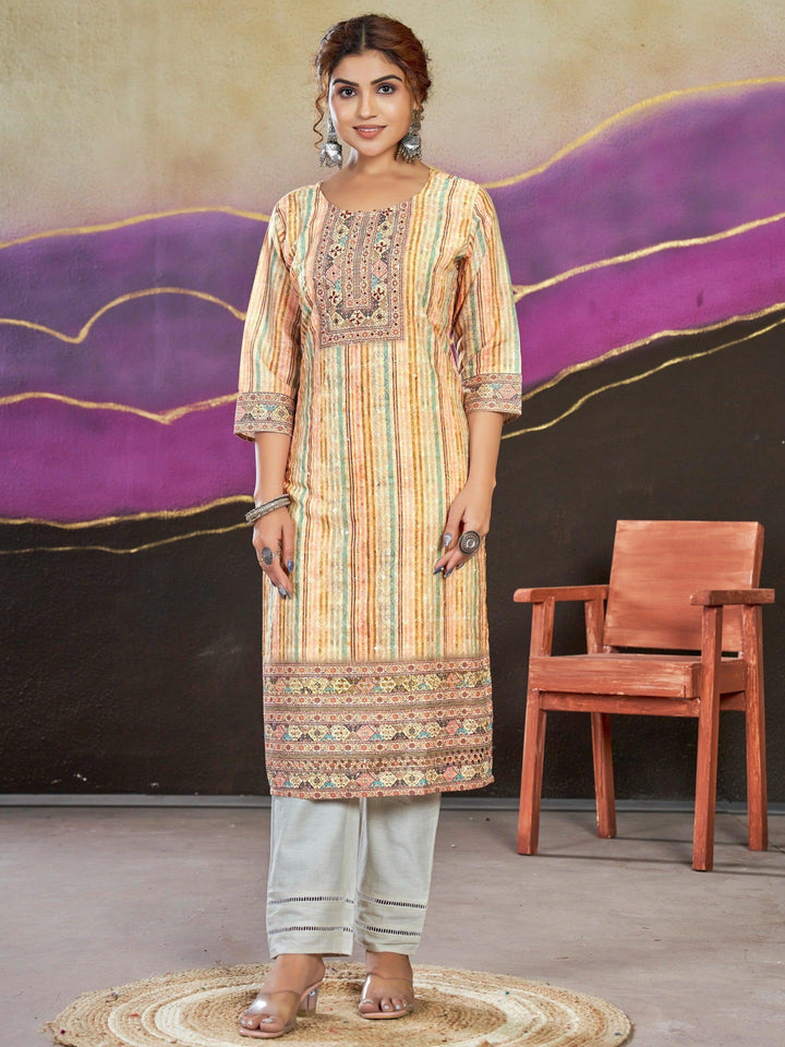 Captivating Cream Digital Printed Cotton Events Wear Kurti