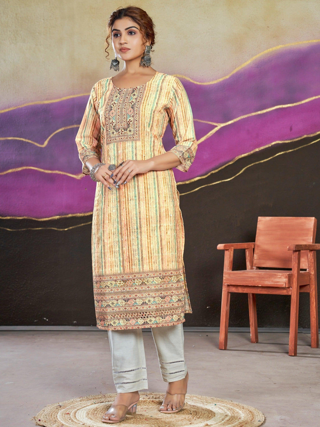 Captivating Cream Digital Printed Cotton Events Wear Kurti