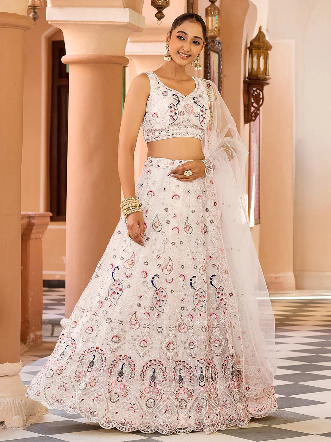 Captivating Cream Floral Embroidery Net Traditional Lehenga Choli With Dupatta