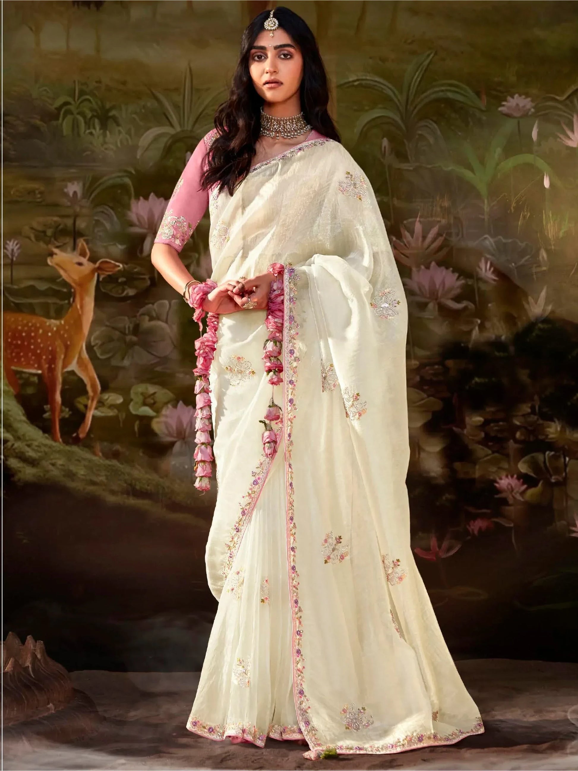 Captivating Cream Sequins Organza Traditional Saree With Blouse - Zeel Clothing