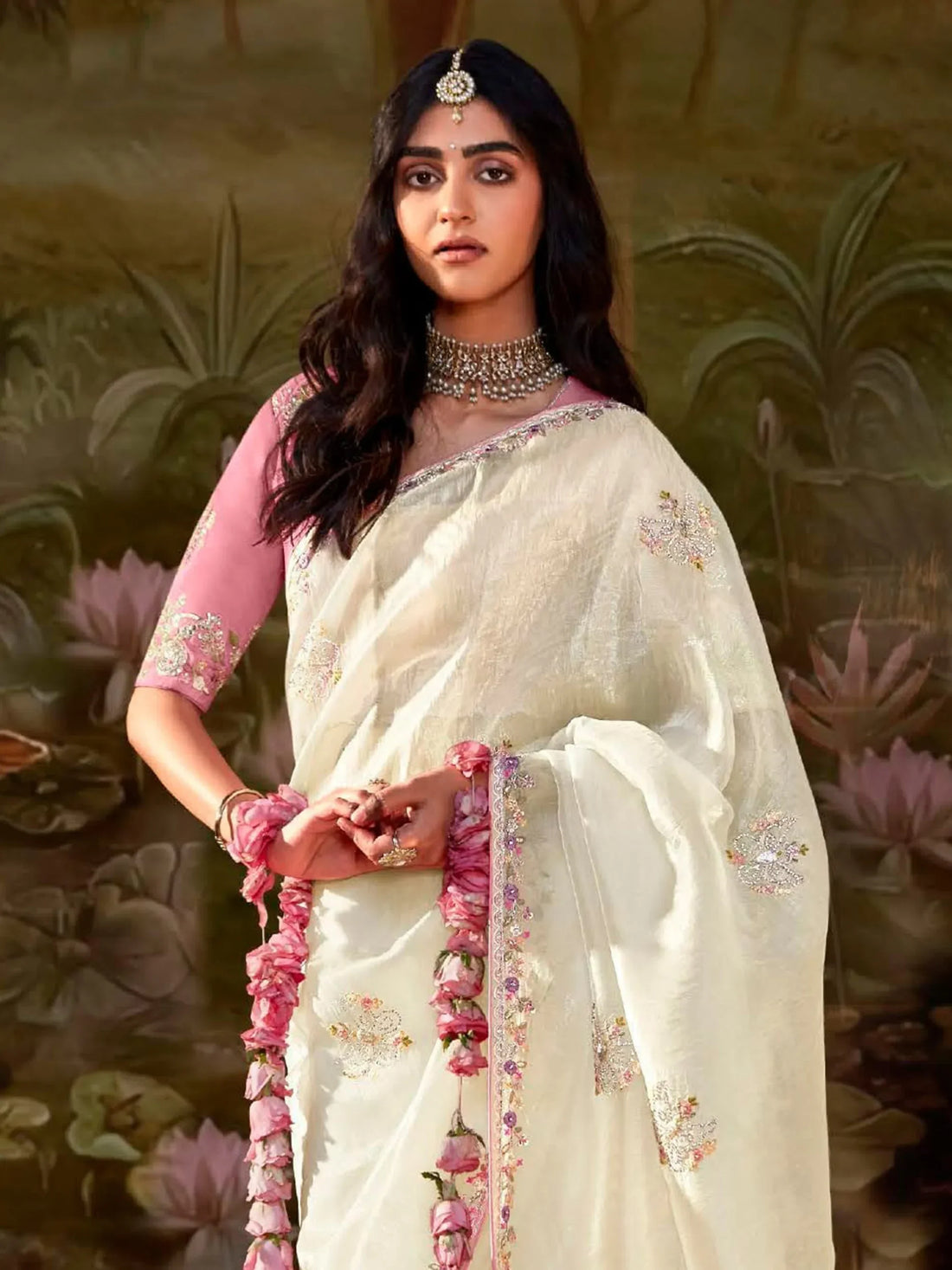 Captivating Cream Sequins Organza Traditional Saree With Blouse - Zeel Clothing