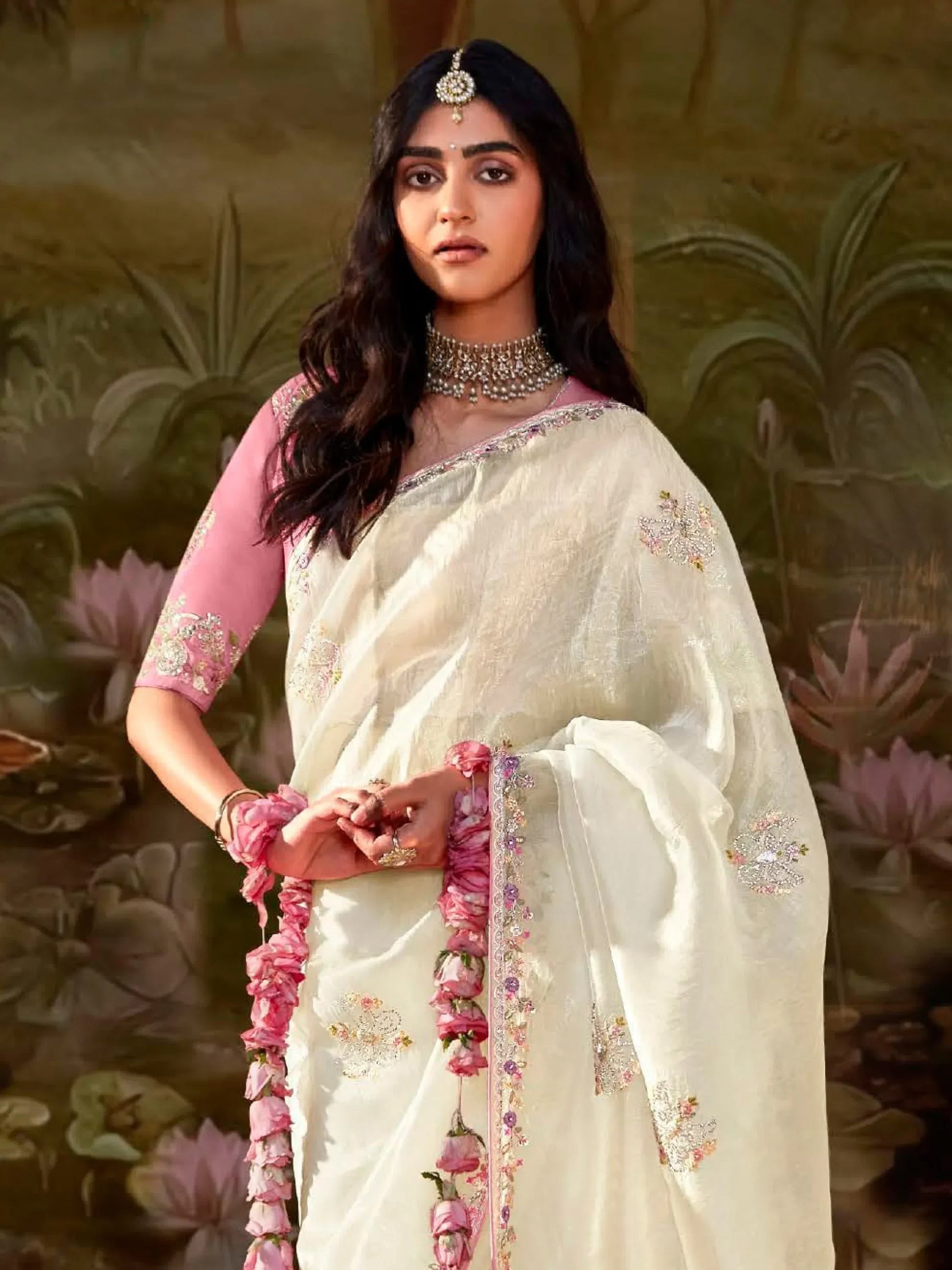 Captivating Cream Sequins Organza Traditional Saree With Blouse - Zeel Clothing