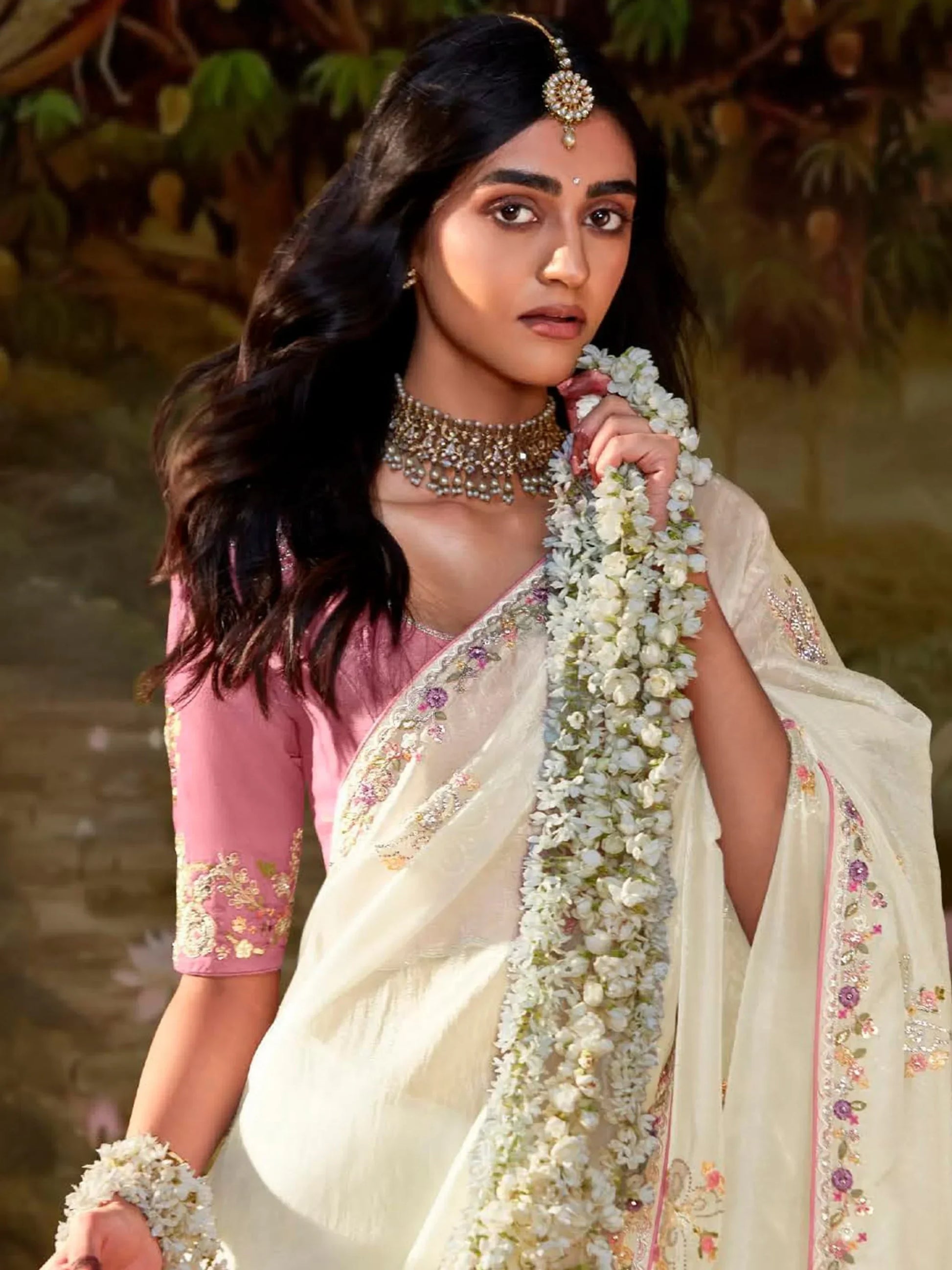 Captivating Cream Sequins Organza Traditional Saree With Blouse - Zeel Clothing