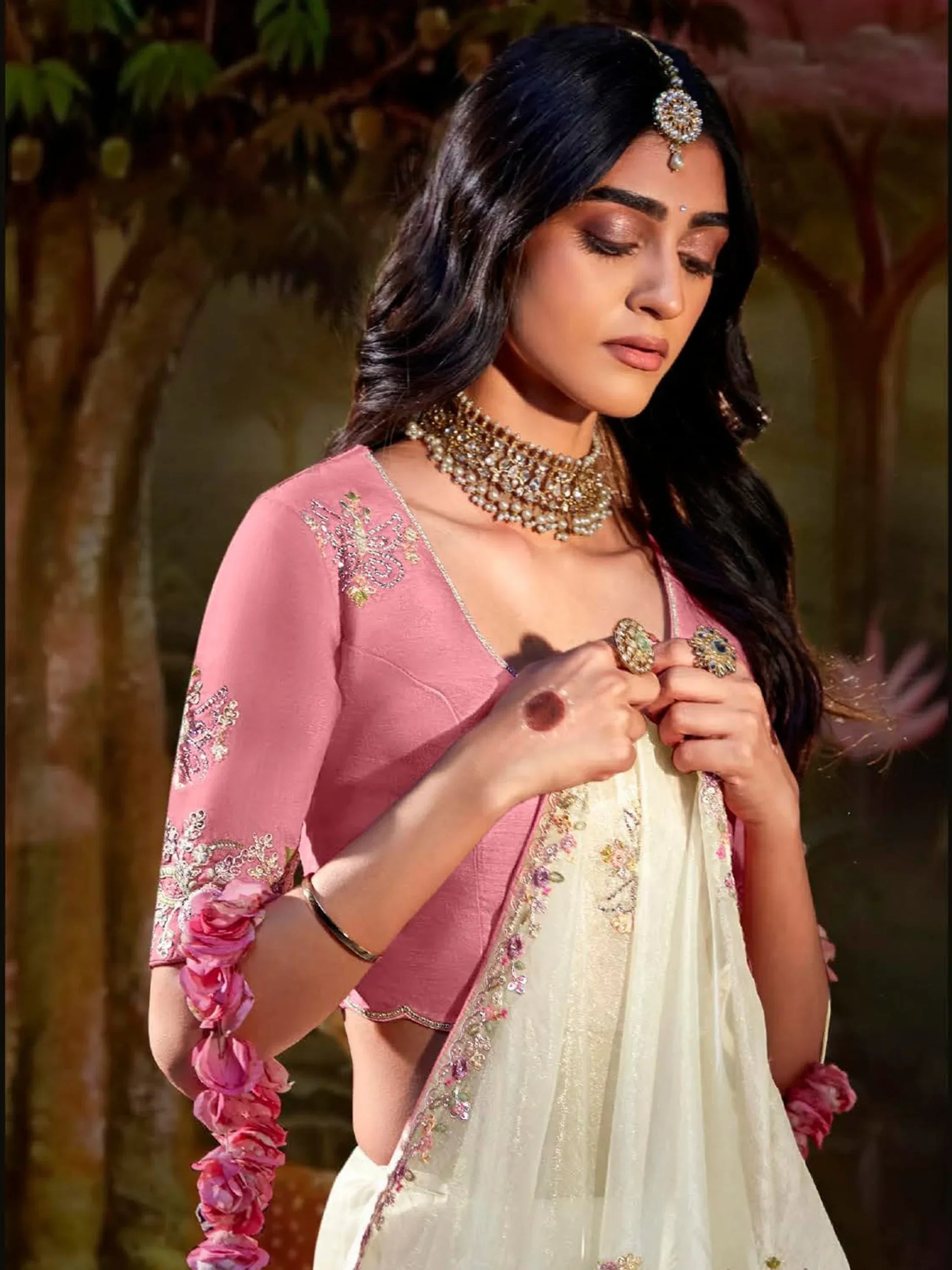 Captivating Cream Sequins Organza Traditional Saree With Blouse - Zeel Clothing