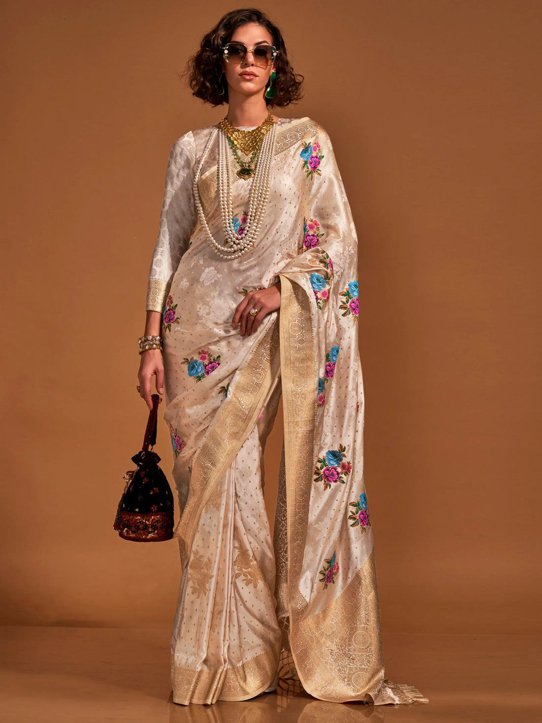 Captivating Cream Weaving Satin Event Wear Saree With Blouse - Zeel Clothing