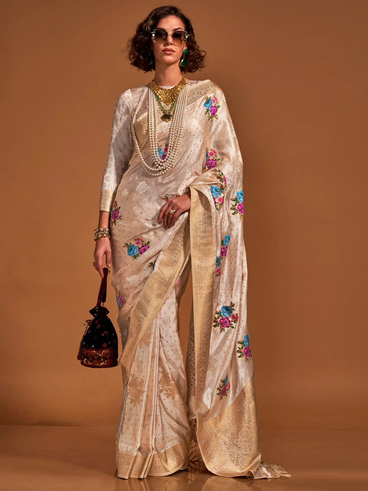 Captivating Cream Weaving Satin Event Wear Saree With Blouse - Zeel Clothing