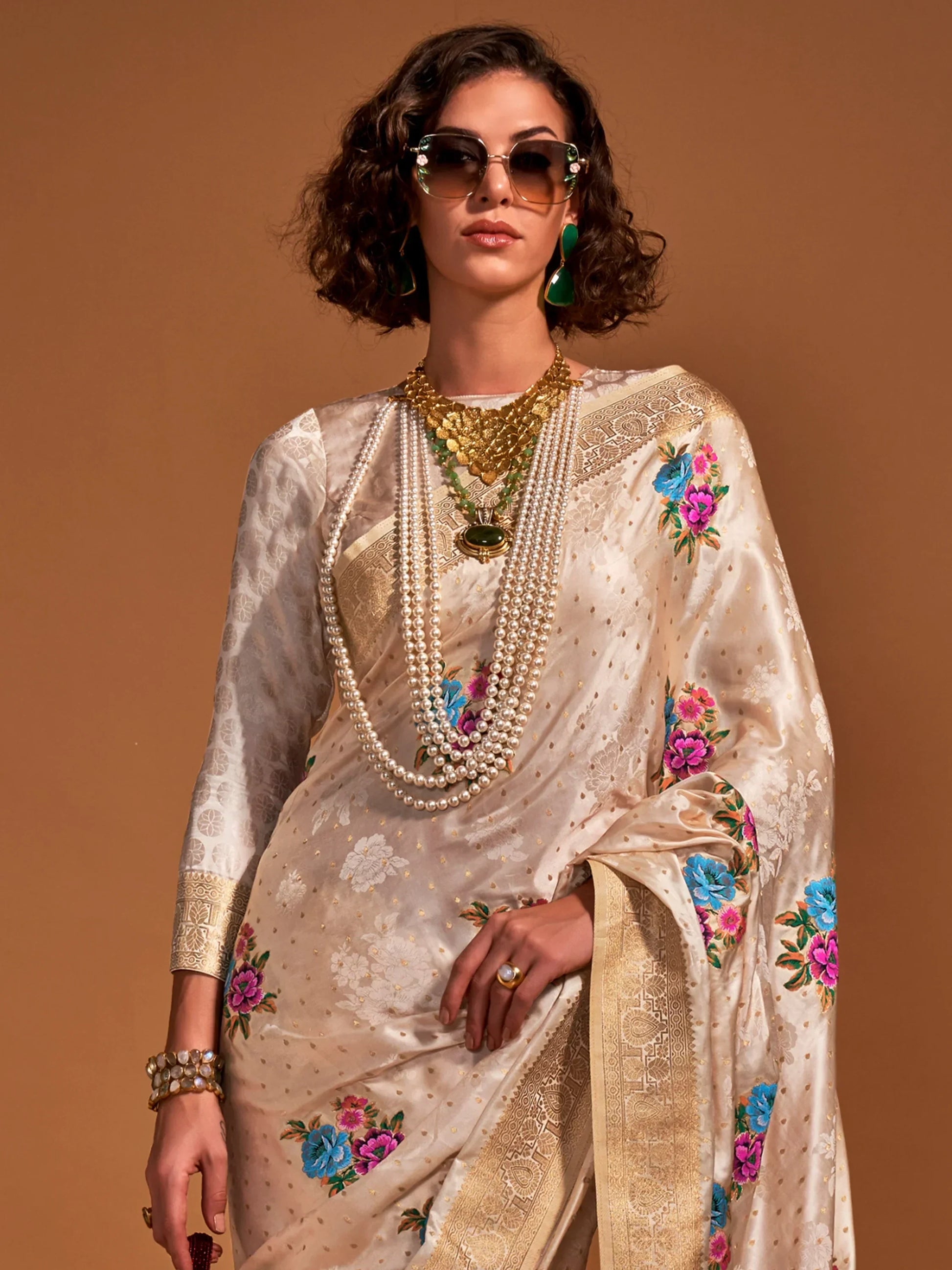 Captivating Cream Weaving Satin Event Wear Saree With Blouse - Zeel Clothing