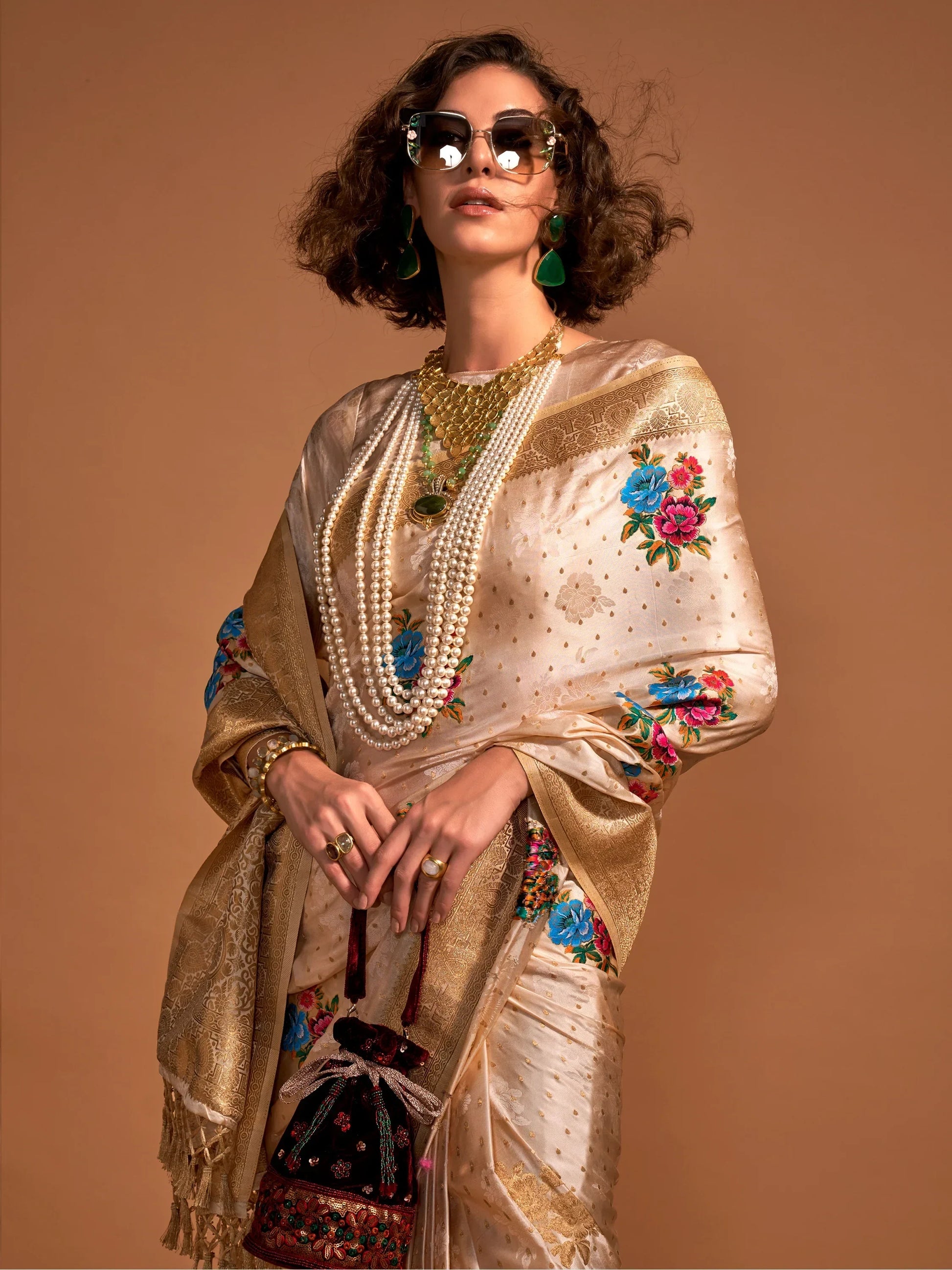 Captivating Cream Weaving Satin Event Wear Saree With Blouse - Zeel Clothing