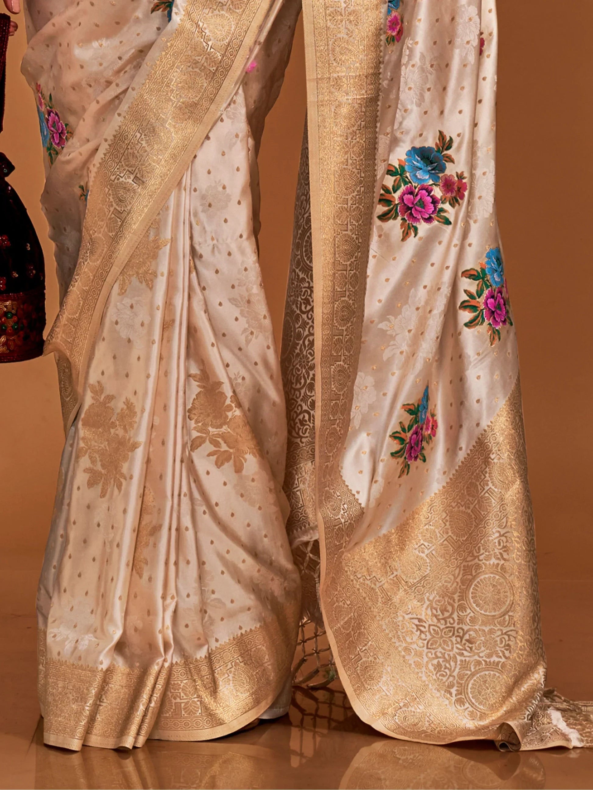 Captivating Cream Weaving Satin Event Wear Saree With Blouse - Zeel Clothing