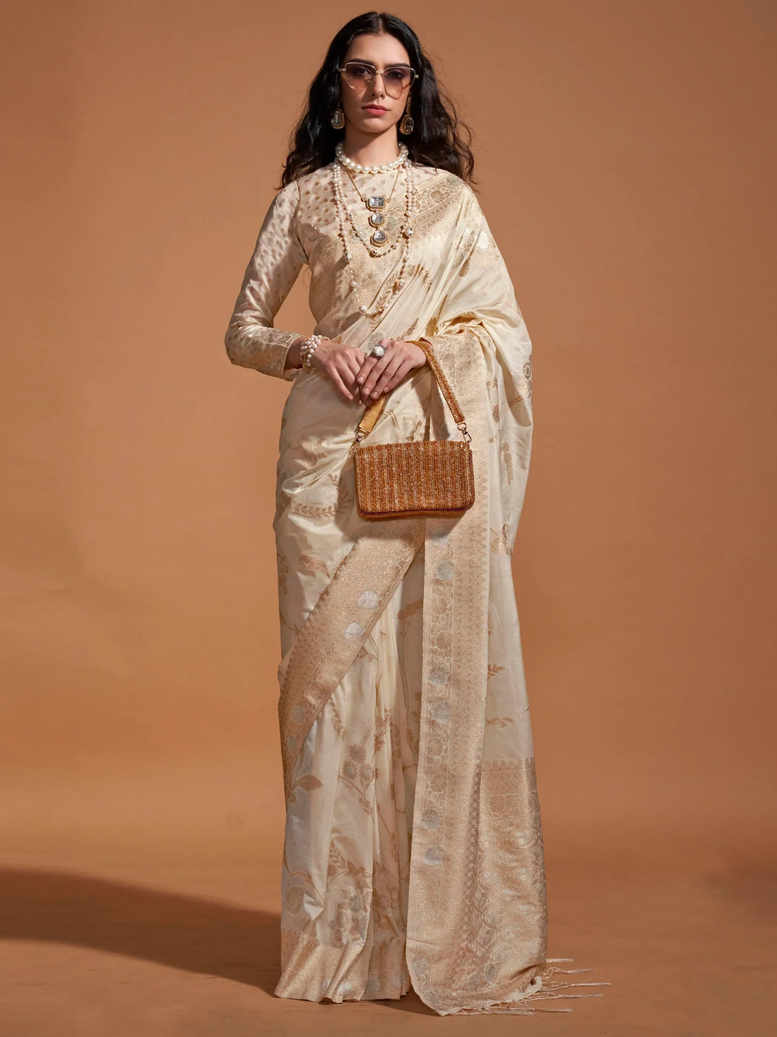 Captivating Cream Zari Weaving Georgette Traditional Saree With Blouse - Zeel Clothing
