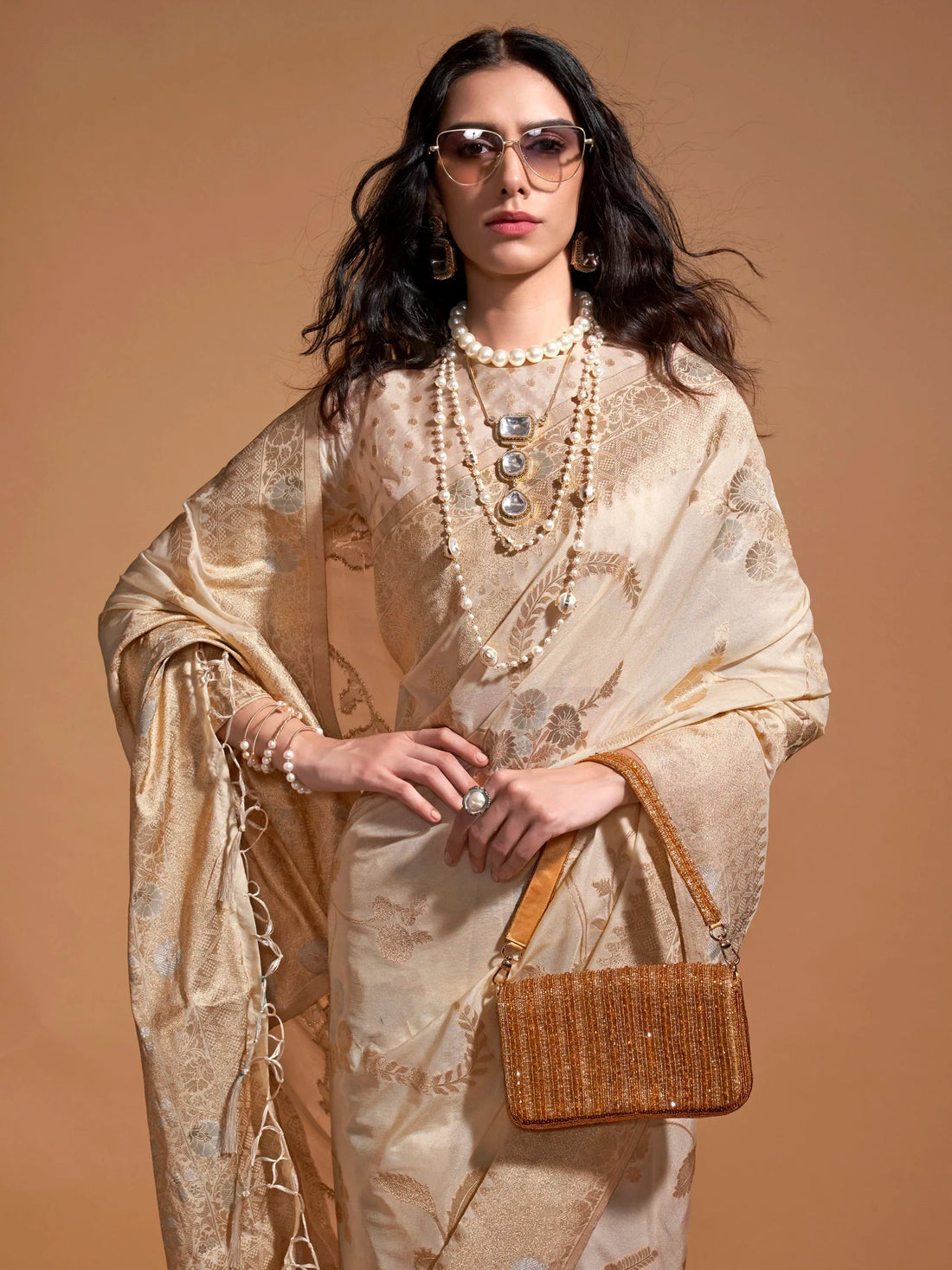 Captivating Cream Zari Weaving Georgette Traditional Saree With Blouse - Zeel Clothing
