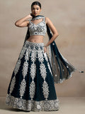 Captivating Dark Green Thread Work Georgette Lehenga Choli With Dupatta