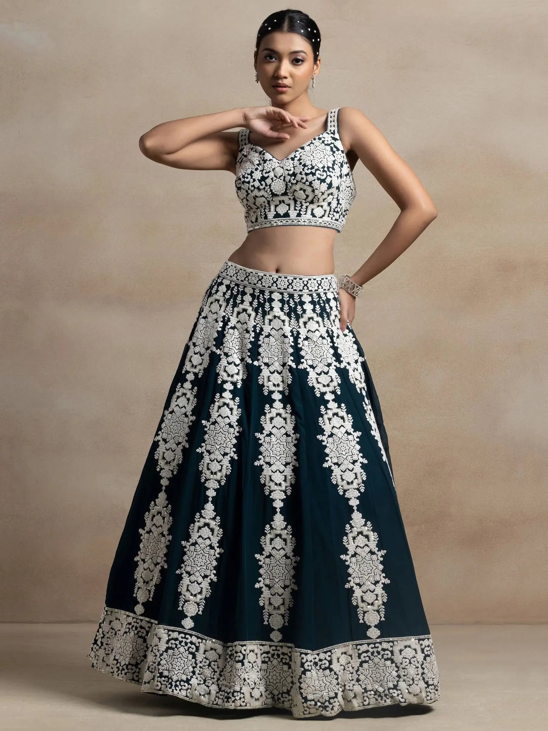 Captivating Dark Green Thread Work Georgette Lehenga Choli With Dupatta - Zeel Clothing