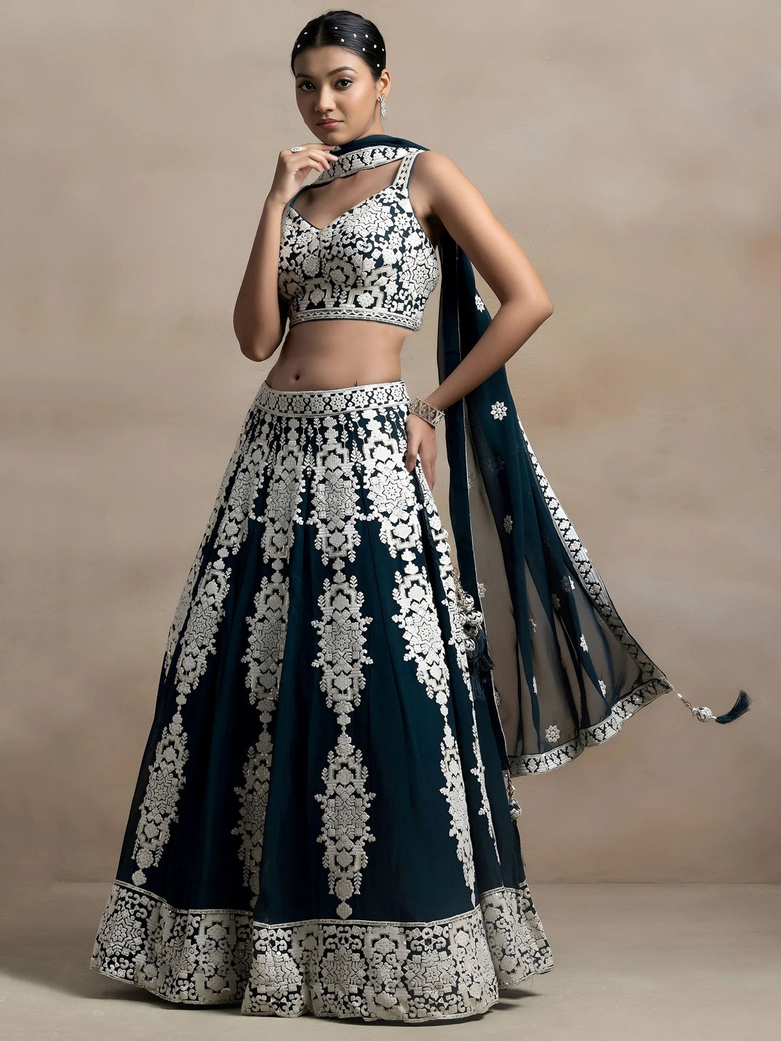 Captivating Dark Green Thread Work Georgette Lehenga Choli With Dupatta