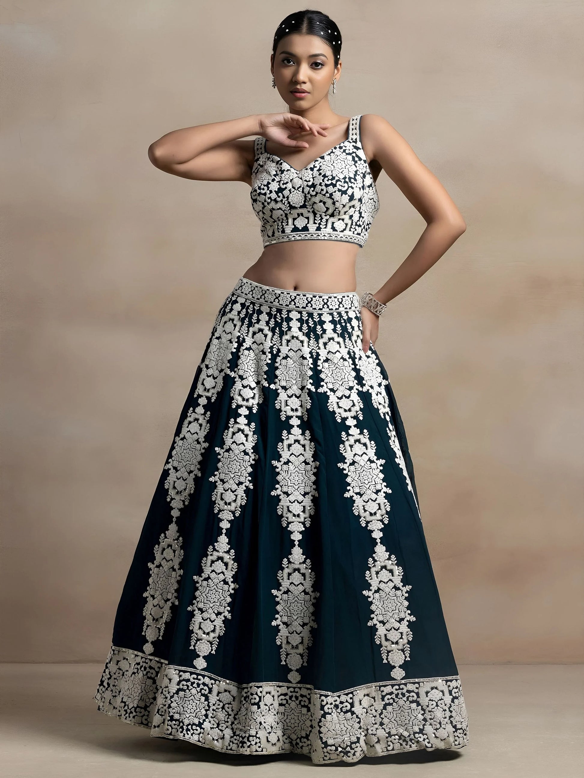 Captivating Dark Green Thread Work Georgette Lehenga Choli With Dupatta