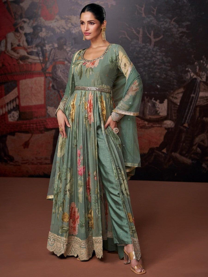Captivating Dusty Green Floral Printed Georgette Designer Pant Suit
