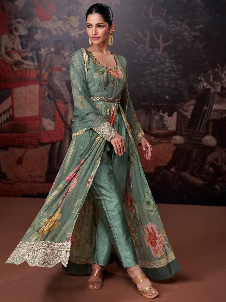 Captivating Dusty Green Floral Printed Georgette Designer Pant Suit