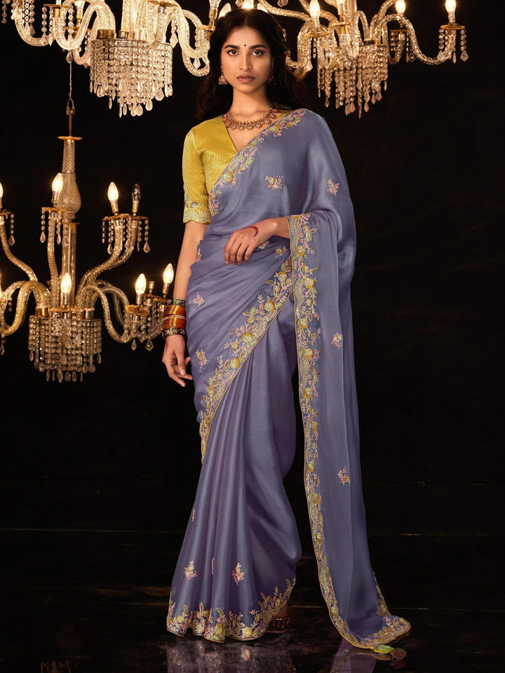 Captivating Dusty Purple Embroidered Silk Traditional Saree