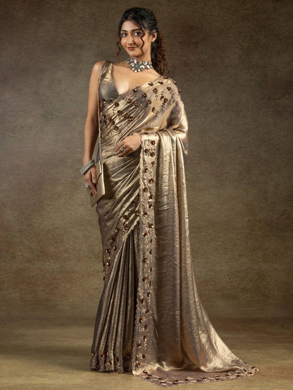 Captivating Golden Jarkan Work Satin Wedding Wear Saree With Blouse - Zeel Clothing