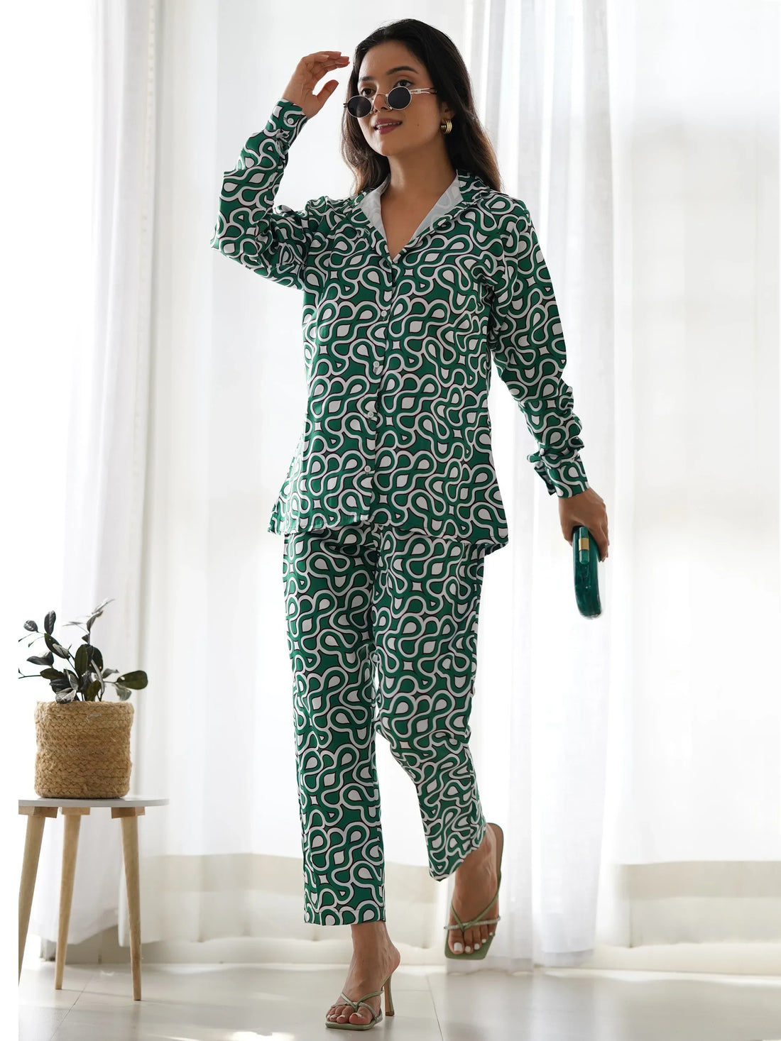 Captivating Green Digital Printed Satin Event Wear Co-Ord Set