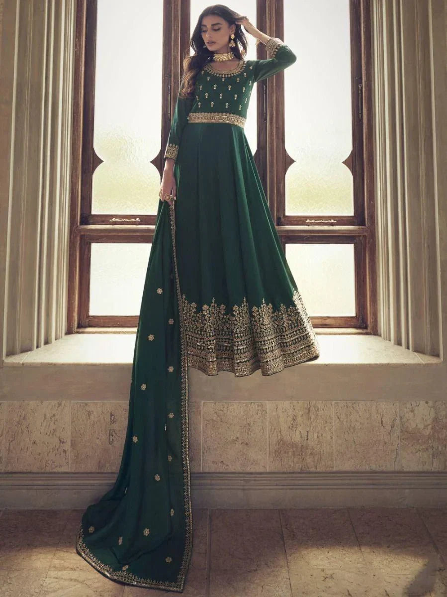 Captivating Green Embroidered Silk Engagement Wear Ready-Made Gown