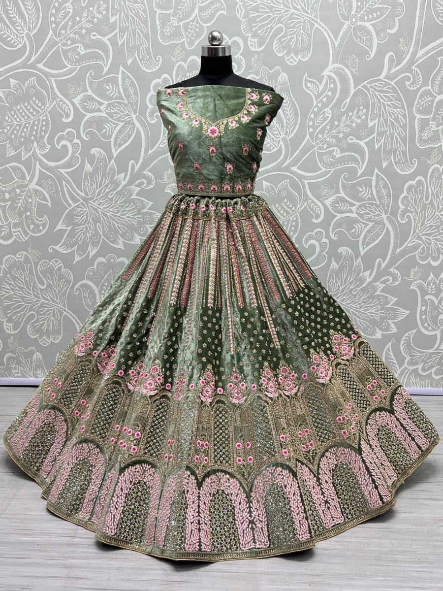 Captivating Green Embroidered Work Velvet Bridal Lehenga Choli