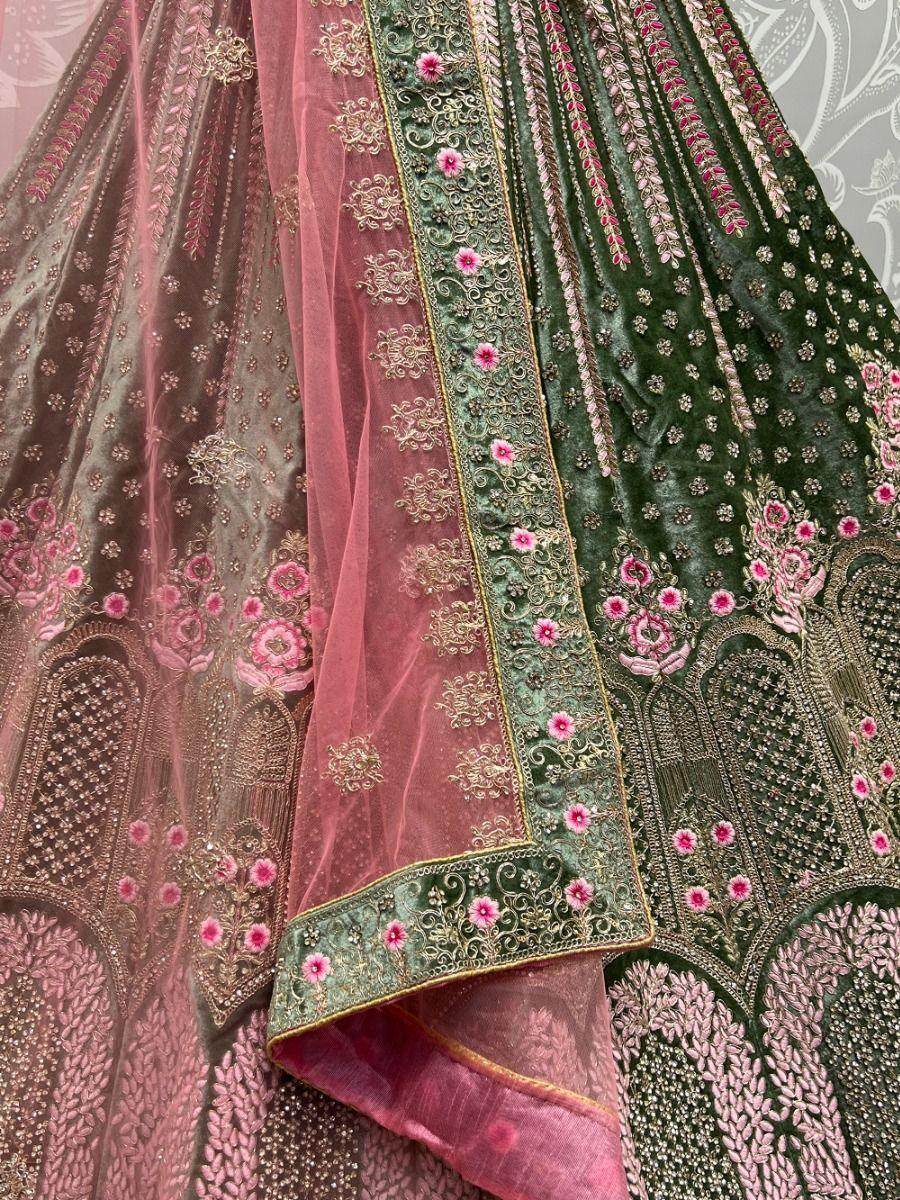 Captivating Green Embroidered Work Velvet Bridal Lehenga Choli - Zeel Clothing