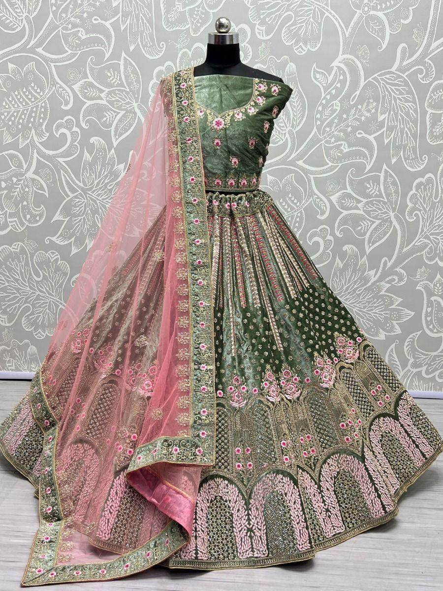 Captivating Green Embroidered Work Velvet Bridal Lehenga Choli - Zeel Clothing