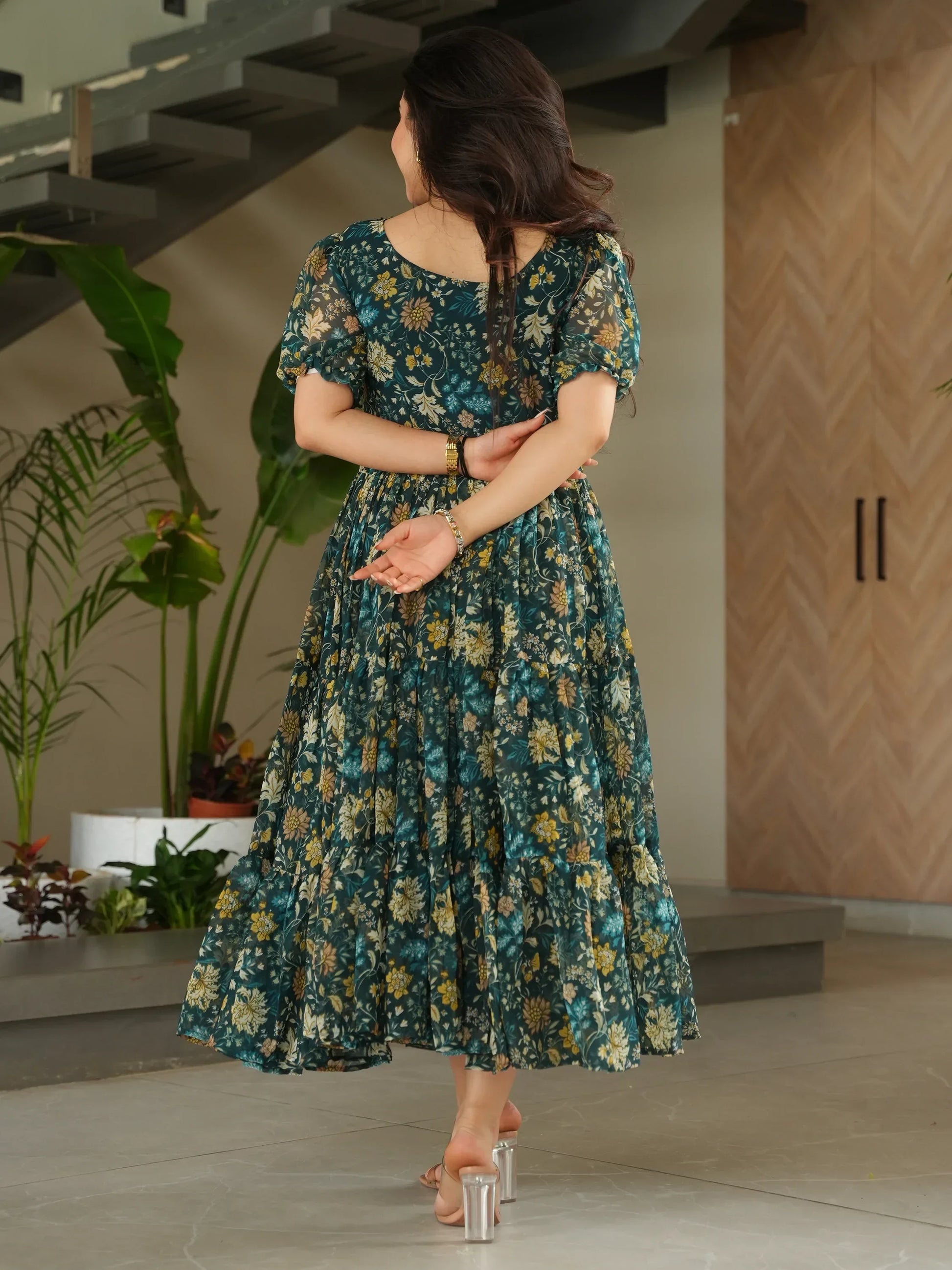 Captivating Green Floral Printed Georgette Casual Wear Dress - Zeel Clothing
