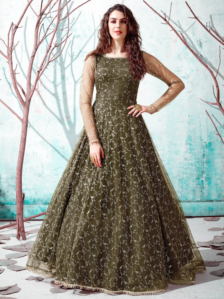 Captivating Green Foil Work Net Reception Wear Gown - Zeel Clothing