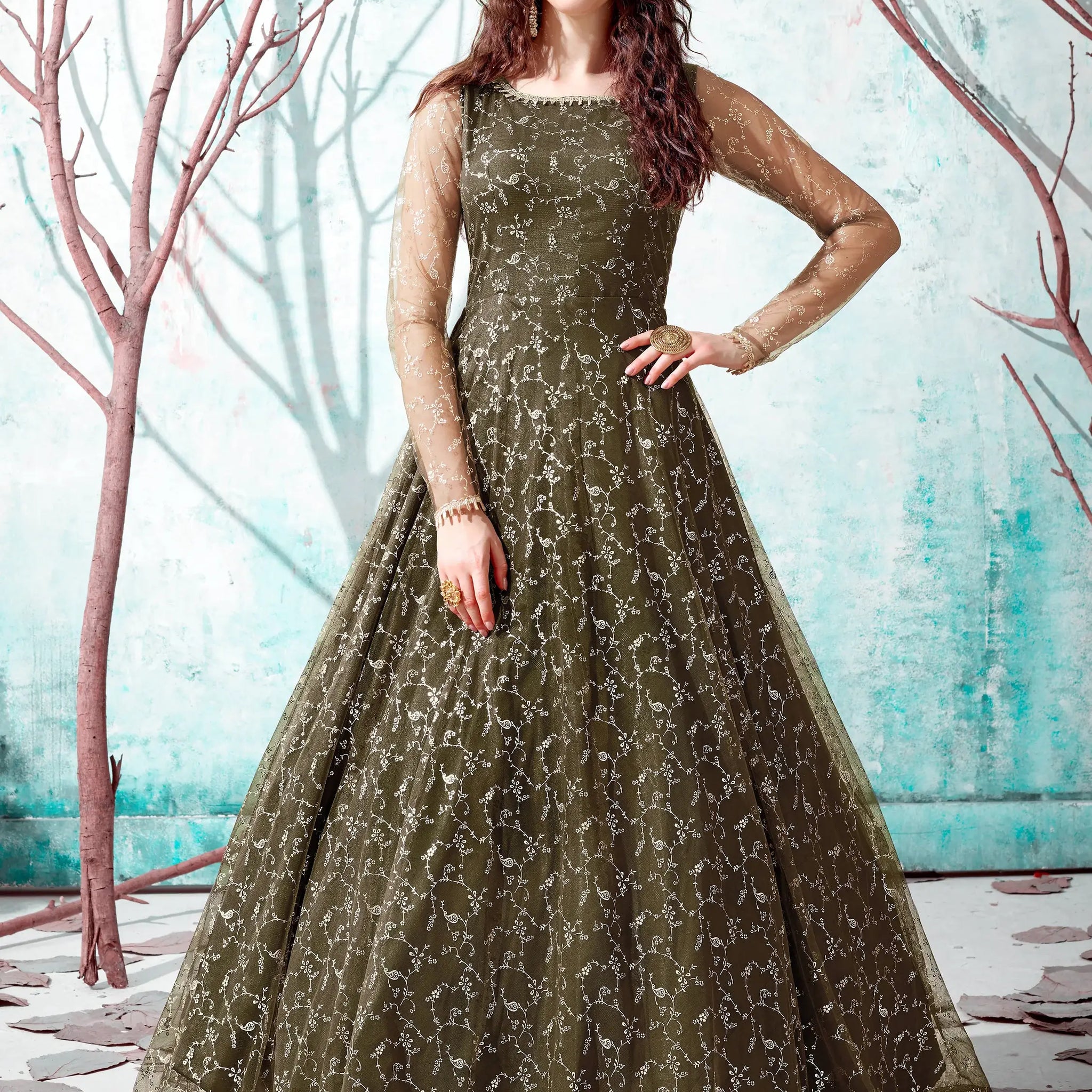 Captivating Green Foil Work Net Reception Wear Gown - Zeel Clothing