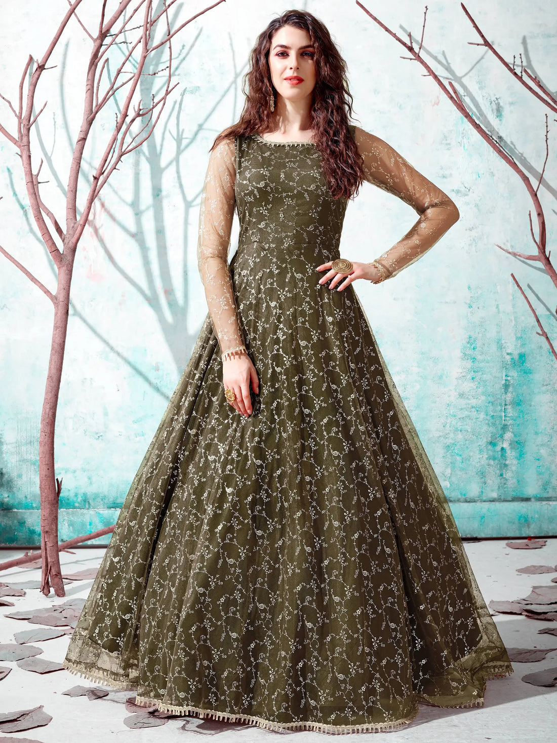 Captivating Green Foil Work Net Reception Wear Gown - Zeel Clothing