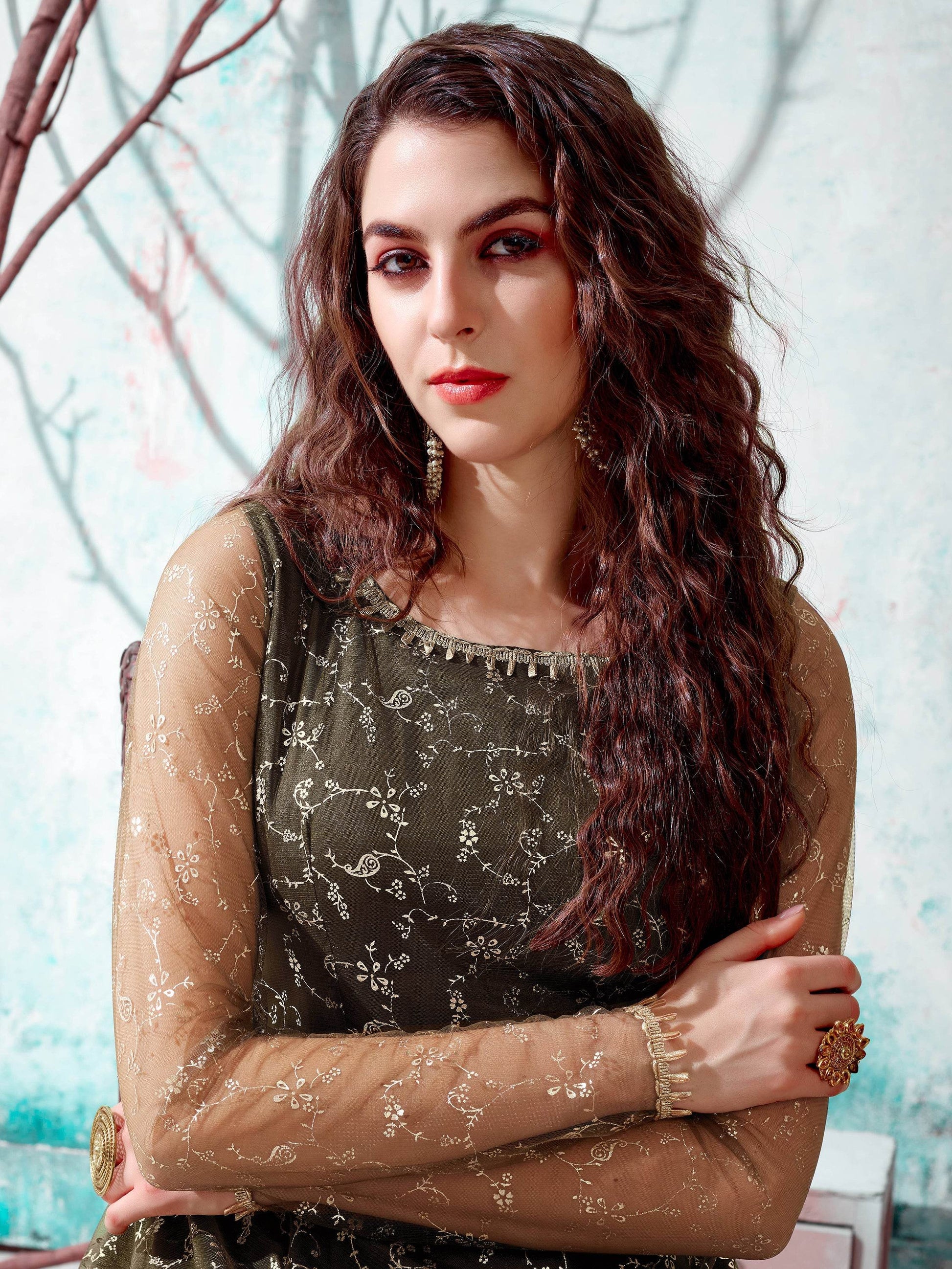 Captivating Green Foil Work Net Reception Wear Gown - Zeel Clothing