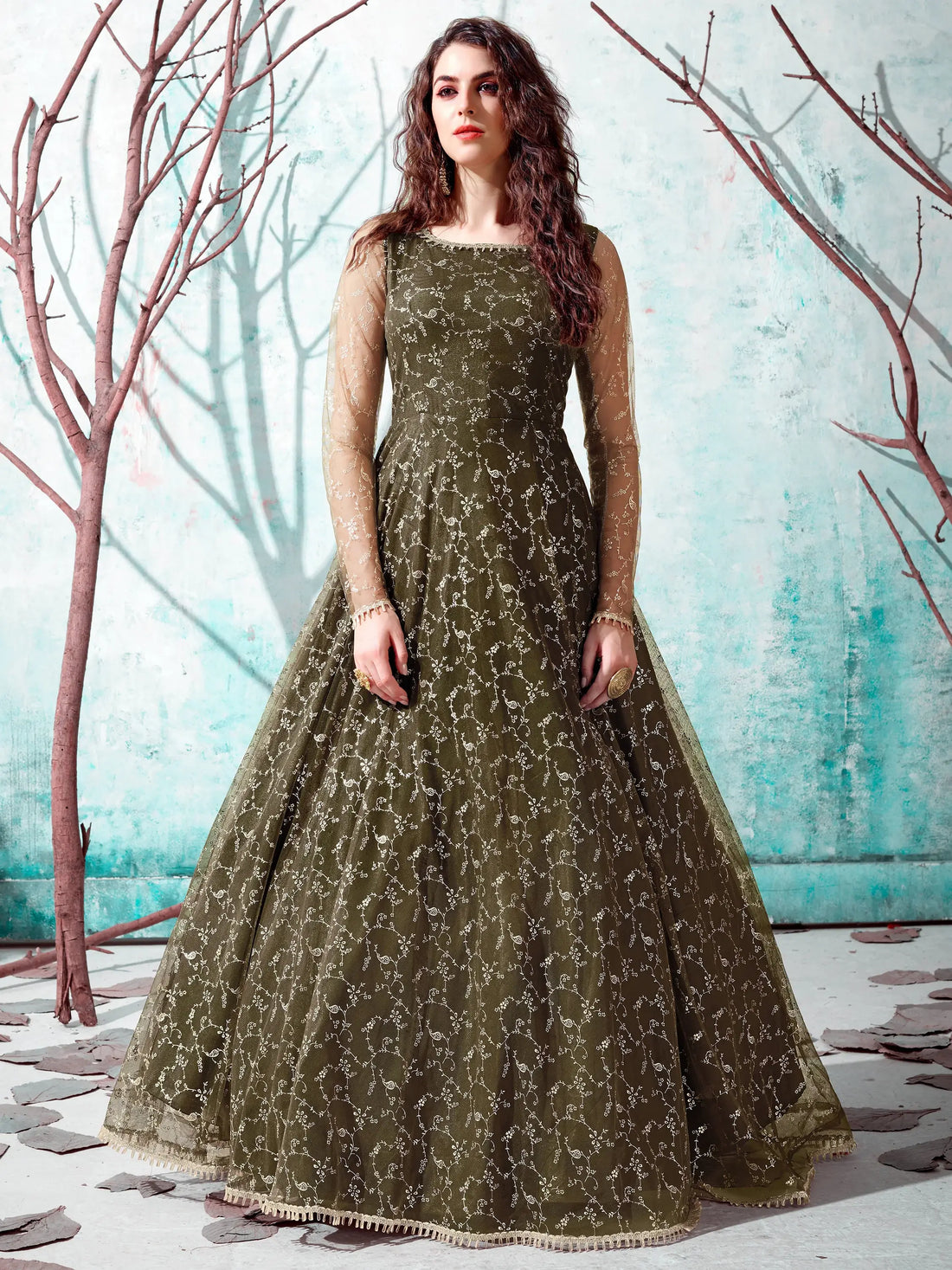 Captivating Green Foil Work Net Reception Wear Gown - Zeel Clothing