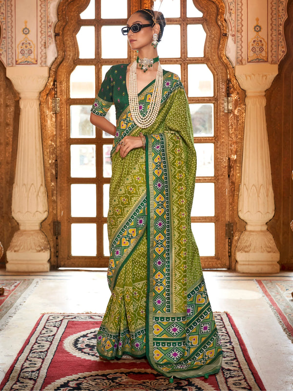 Captivating Green Patola Printed Silk Traditional Saree With Blouse - Zeel Clothing