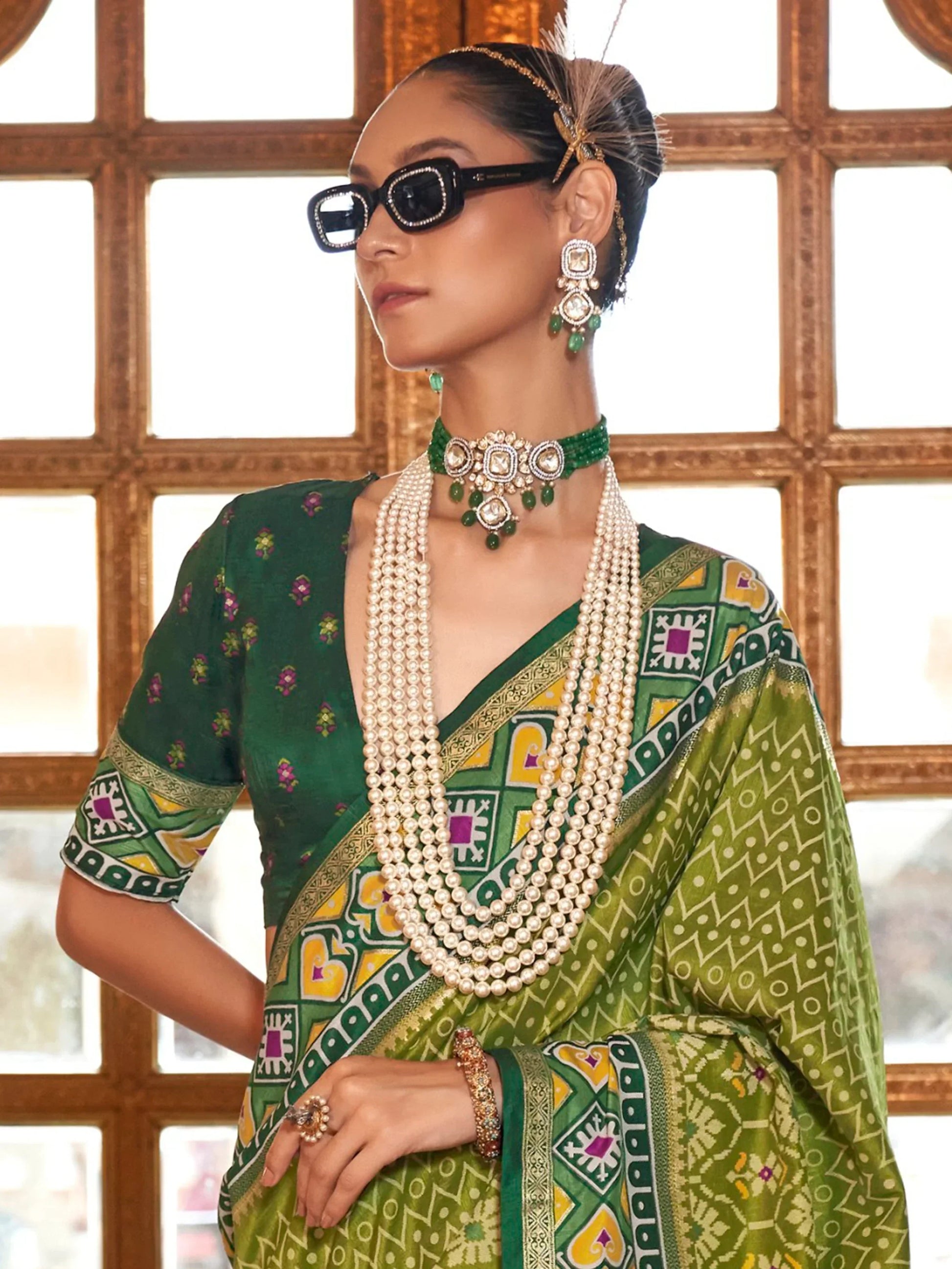 Captivating Green Patola Printed Silk Traditional Saree With Blouse - Zeel Clothing