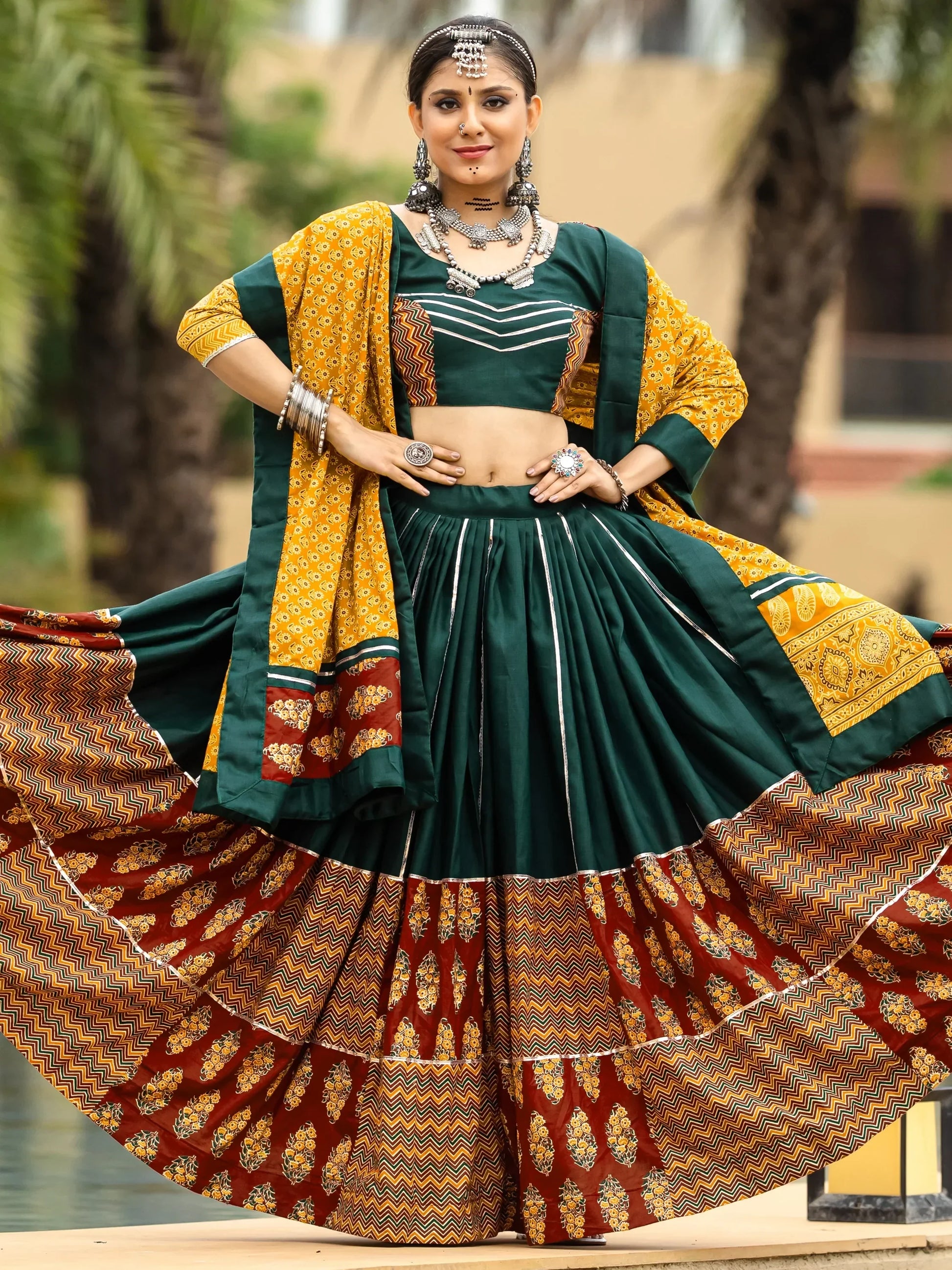 Captivating Green Printed Cotton Navratri Lehenga Choli With Dupatta - Zeel Clothing