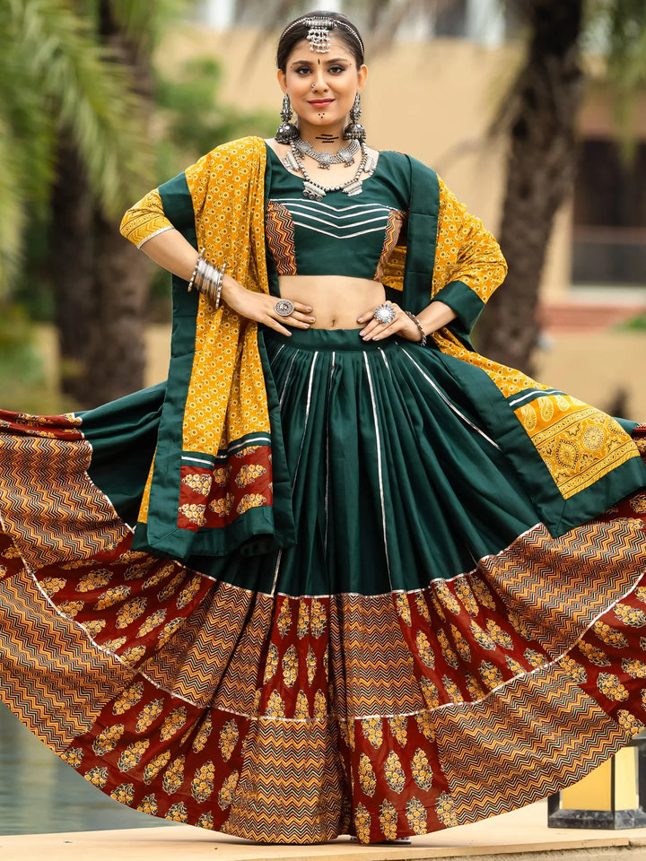 Captivating Green Printed Cotton Navratri Lehenga Choli With Dupatta - Zeel Clothing