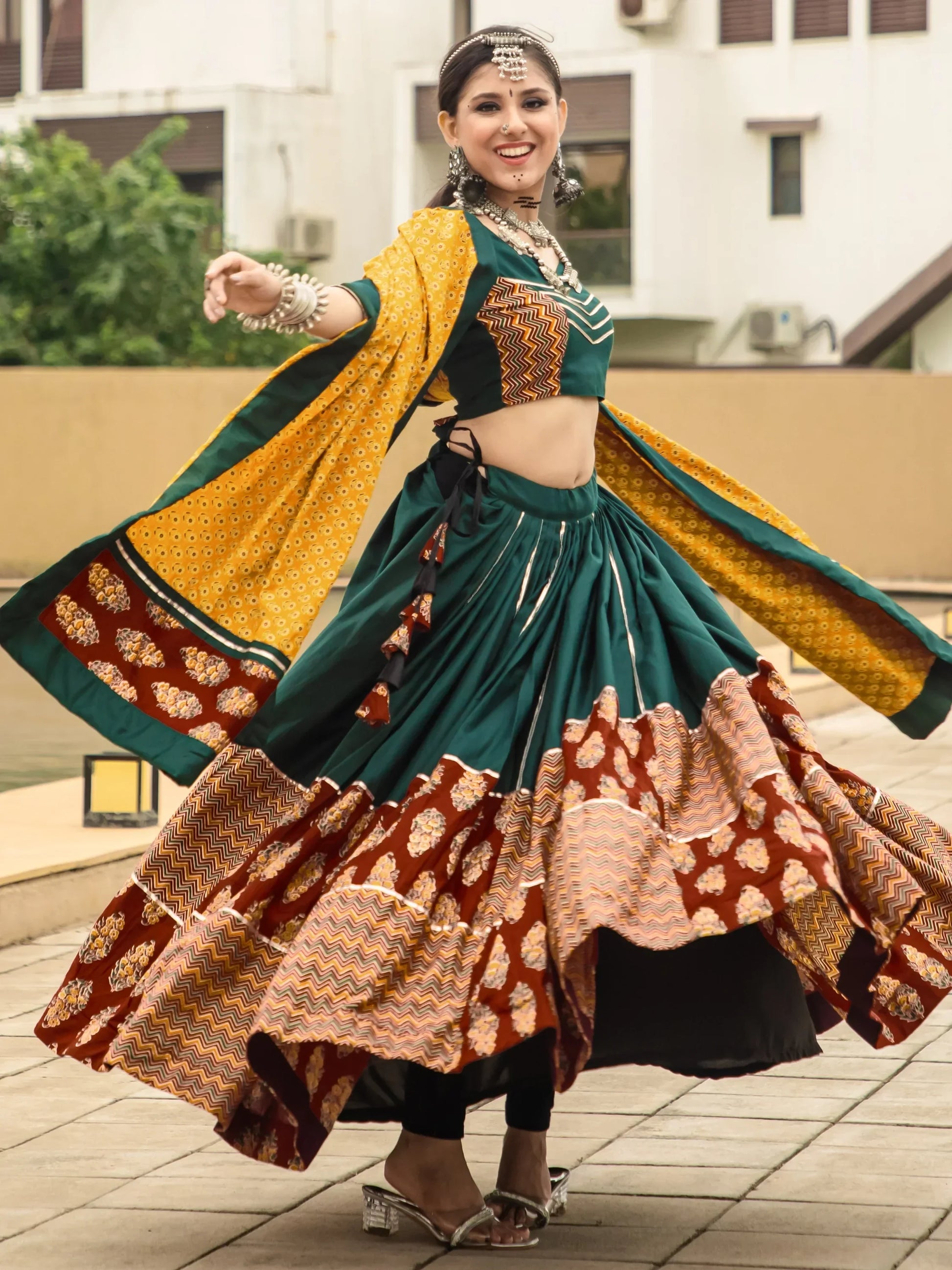 Captivating Green Printed Cotton Navratri Lehenga Choli With Dupatta - Zeel Clothing