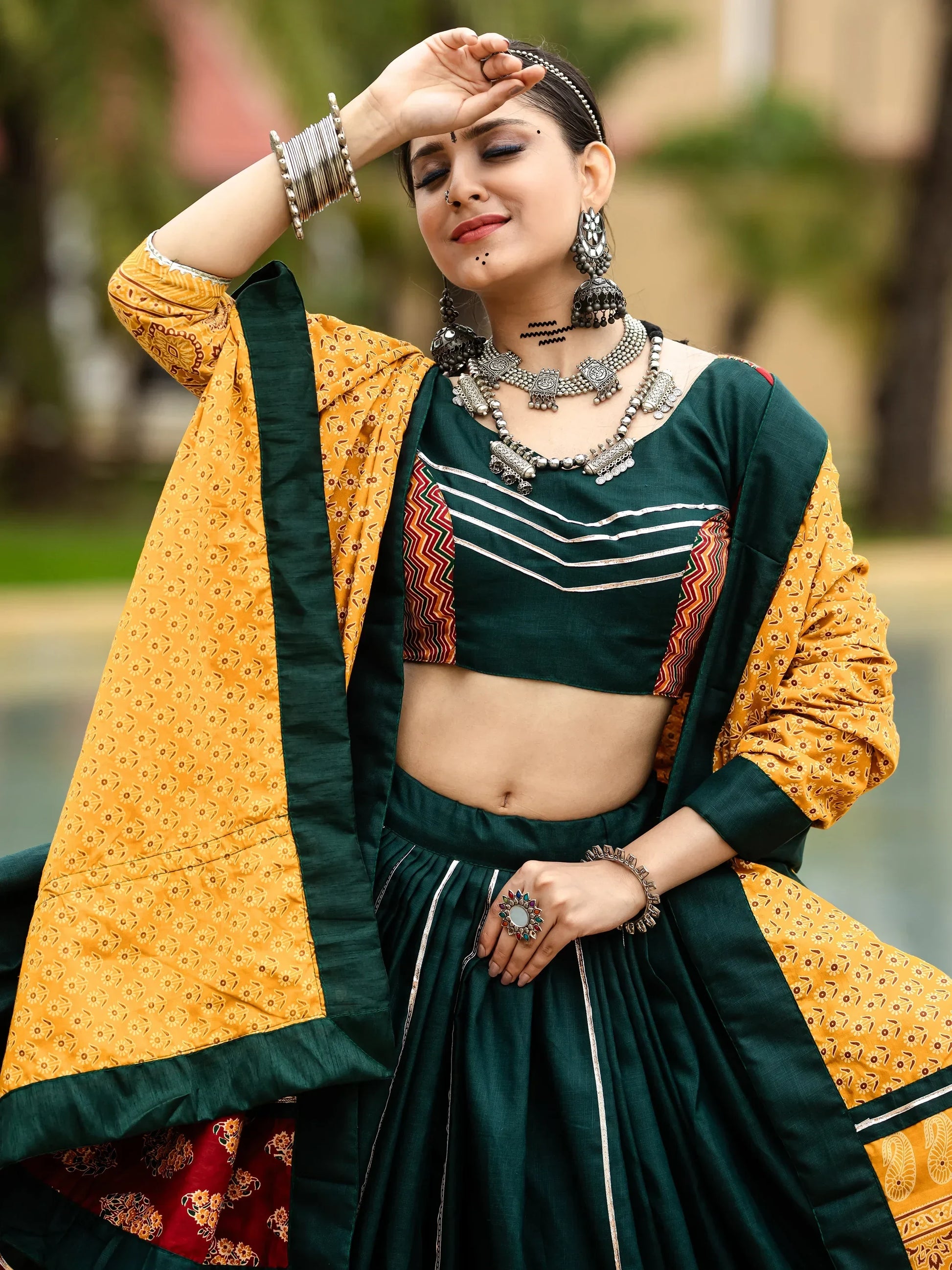 Captivating Green Printed Cotton Navratri Lehenga Choli With Dupatta - Zeel Clothing