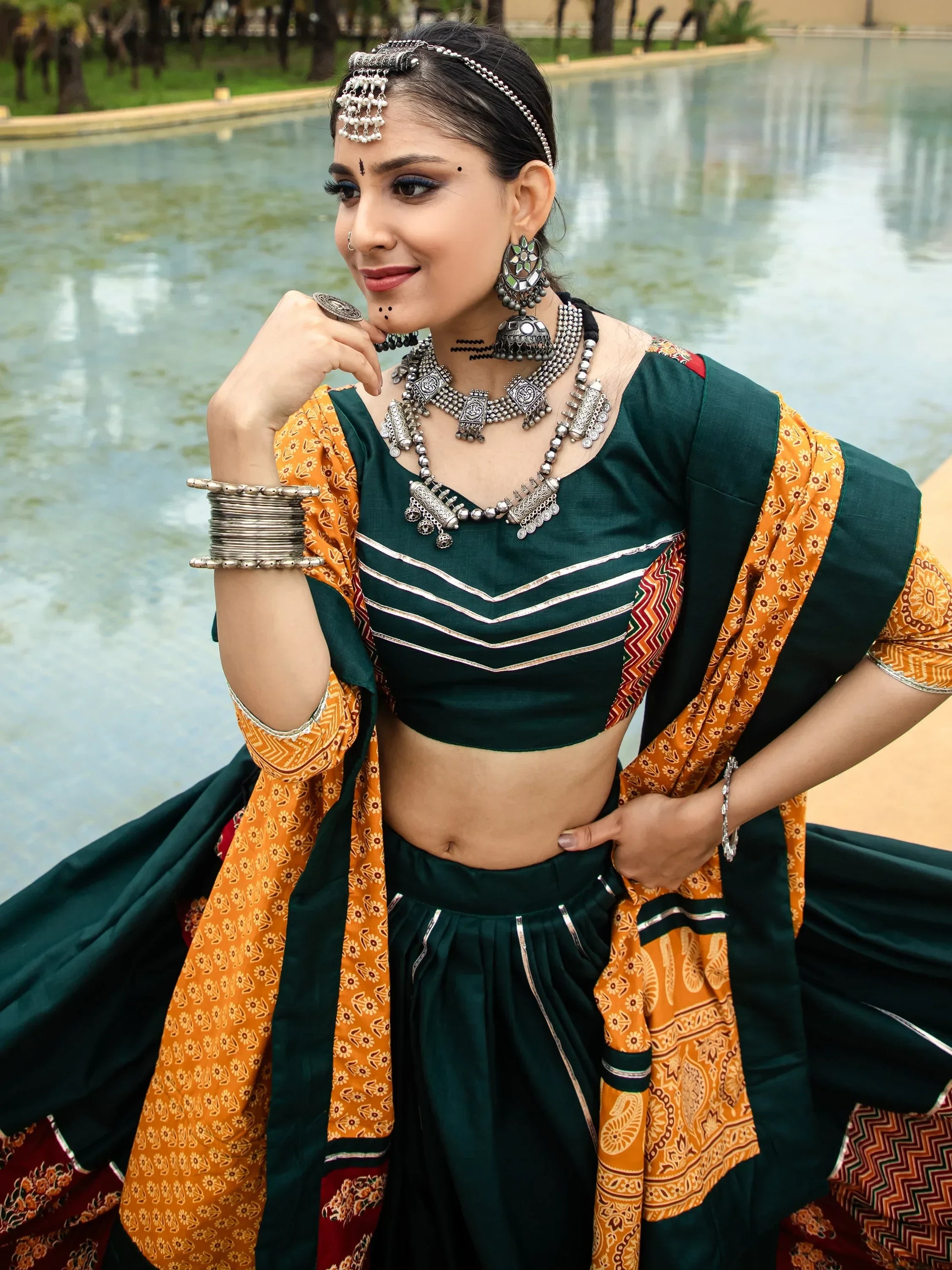 Captivating Green Printed Cotton Navratri Lehenga Choli With Dupatta - Zeel Clothing