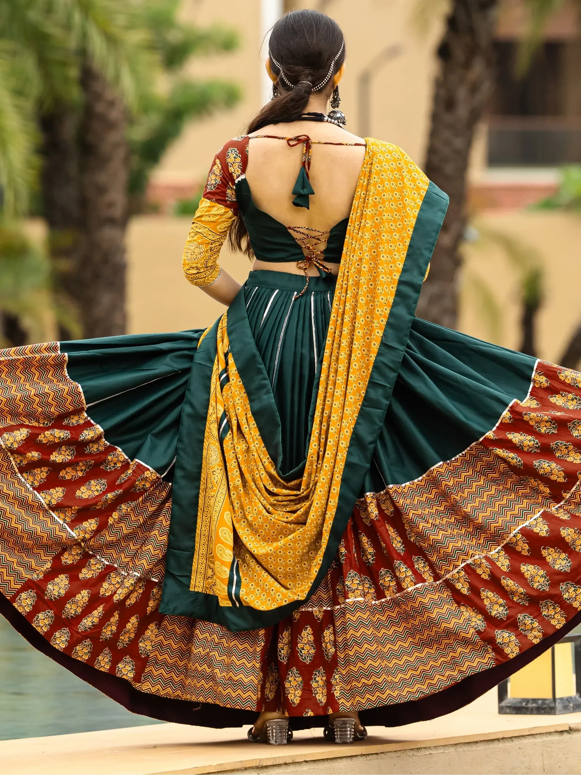 Captivating Green Printed Cotton Navratri Lehenga Choli With Dupatta - Zeel Clothing