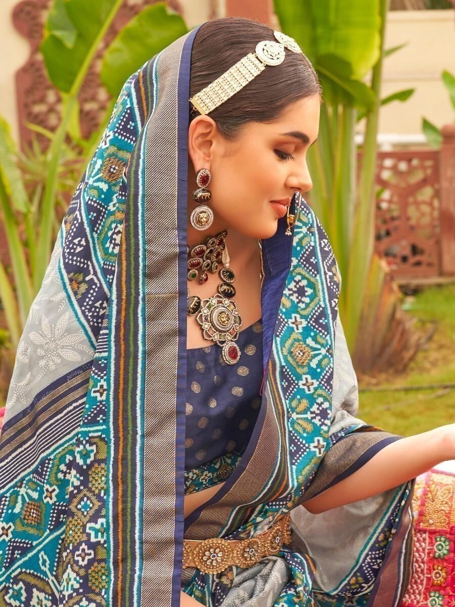 Captivating Grey Patola Printed Silk Events Wear Saree With Blouse